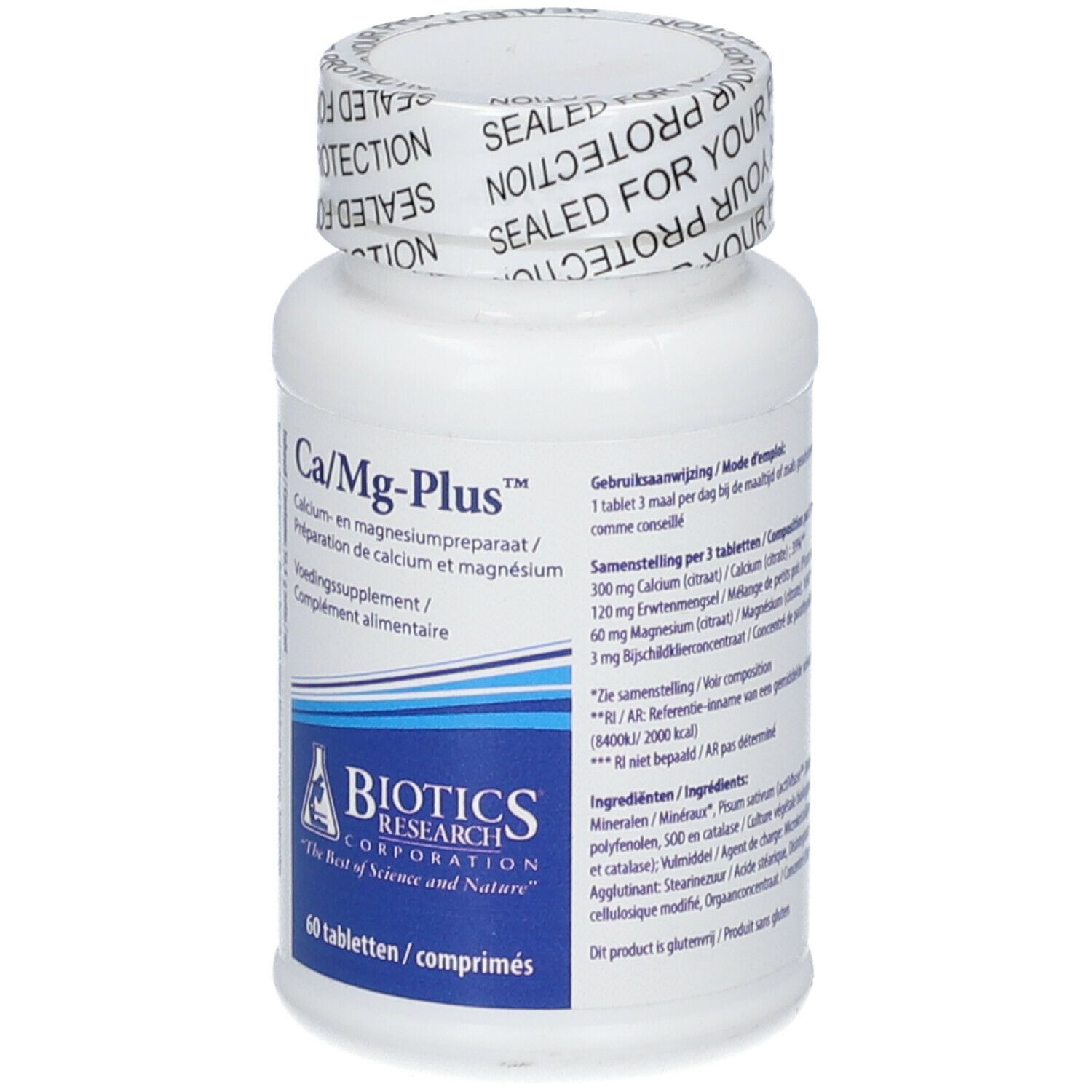 Flacon blanc Ca/Mg-Plus. Logo BIOTICS RESEARCH. 60 comprimés. Sceau.