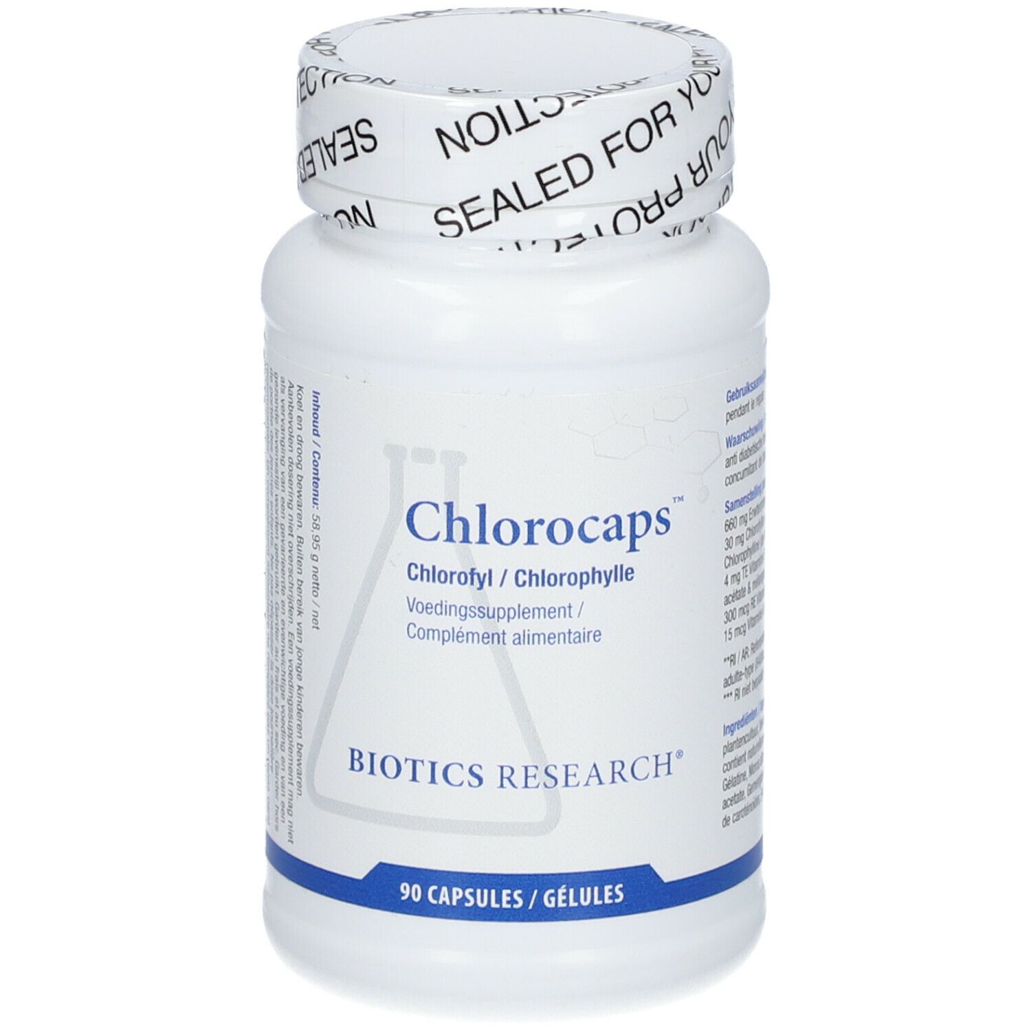 Flacon blanc de Chlorocaps. Inscription: Chlorofyl/Chlorophylle, Voedingssupplement/Complément alimentaire, BIOTICS RESEARCH. 90 gélules.