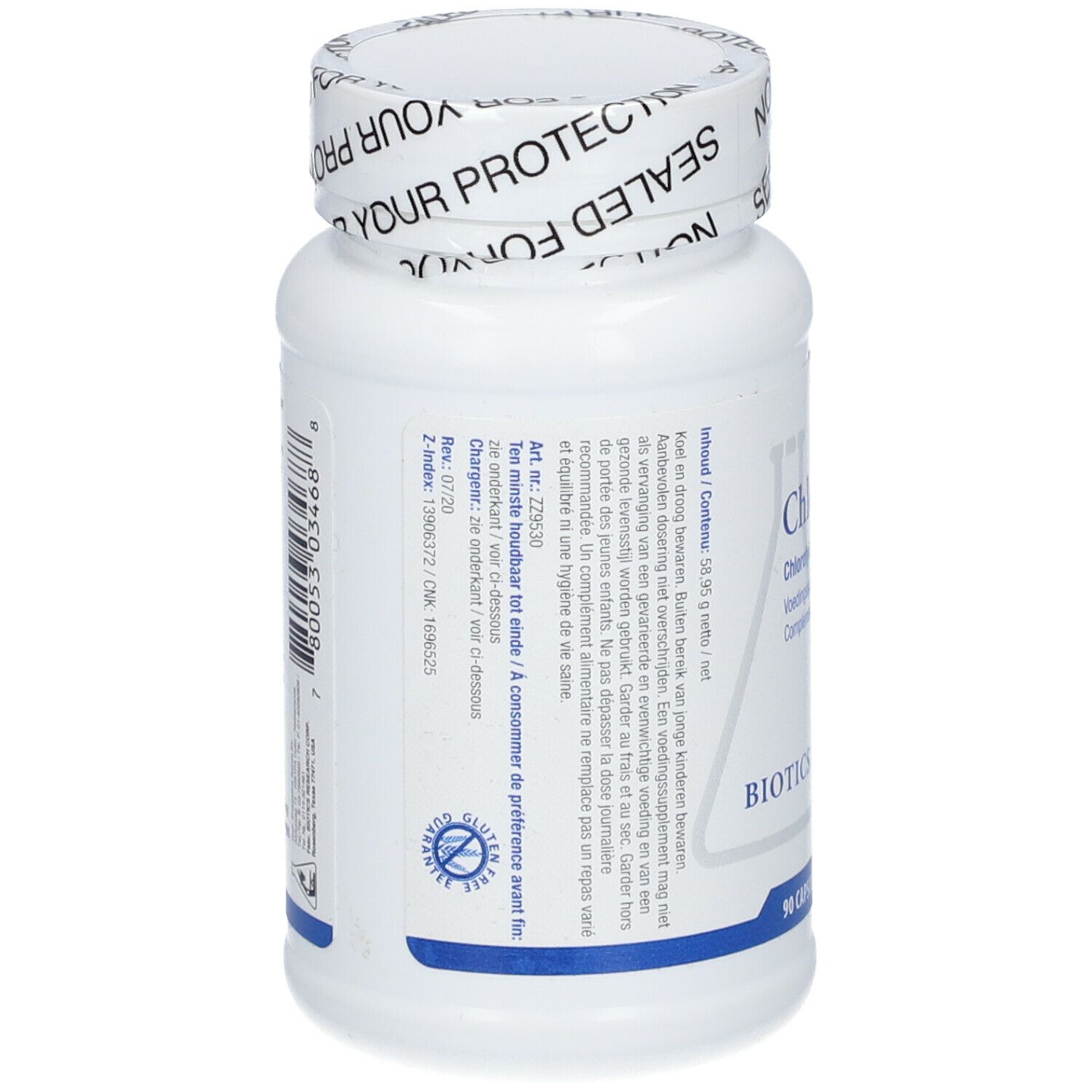 Dos d'un flacon blanc de Chlorocaps. Texte: Ingrédients, mode d'emploi, avertissements. BIOTICS RESEARCH. 90 gélules.