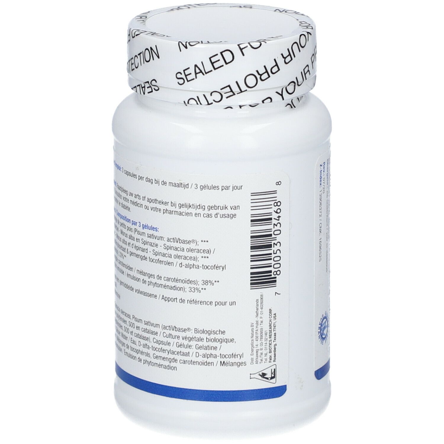Dos d'un flacon blanc de Chlorocaps. Texte: Ingrédients, dosage, avertissements. BIOTICS RESEARCH. 90 gélules.