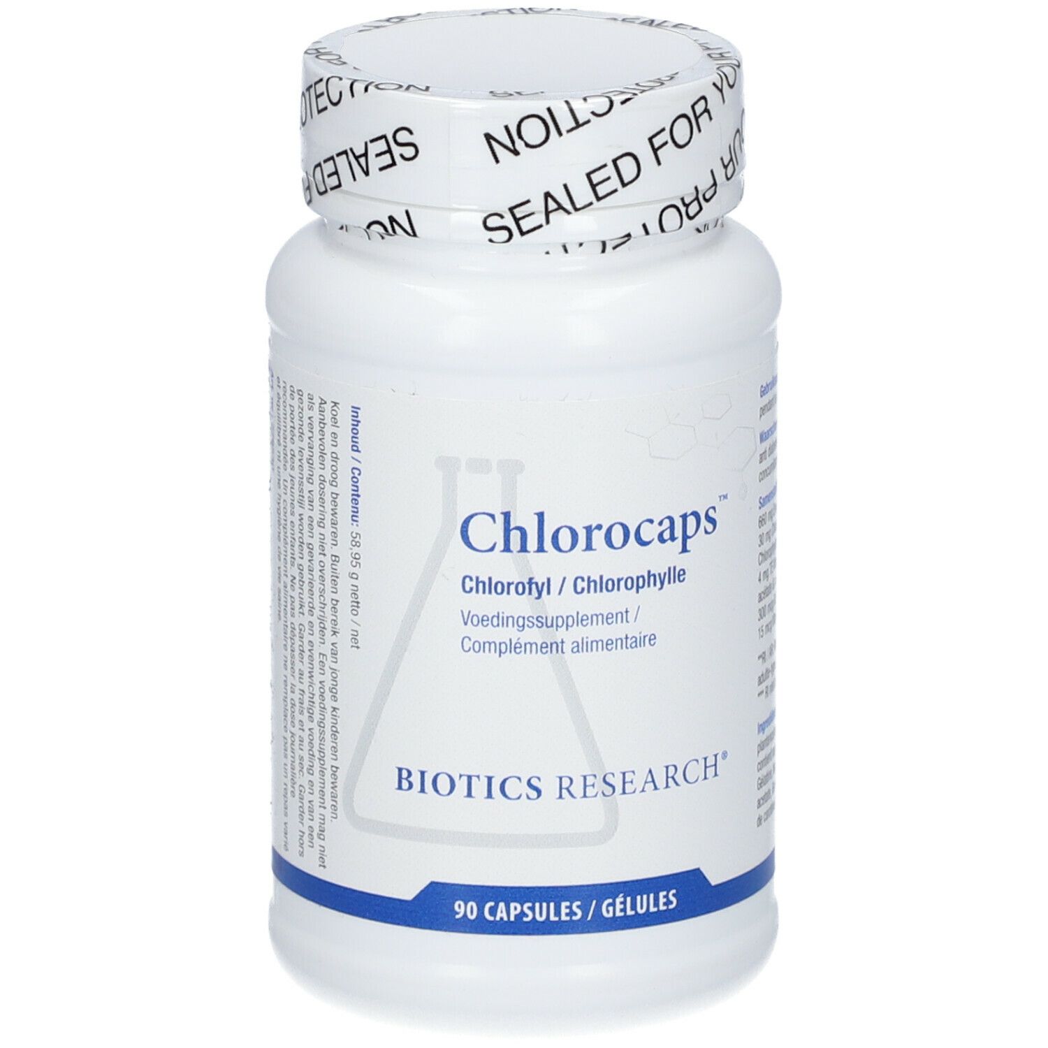 Flacon blanc de Chlorocaps. Inscription: Chlorofyl/Chlorophylle, Voedingssupplement/Complément alimentaire, BIOTICS RESEARCH. 90 gélules.