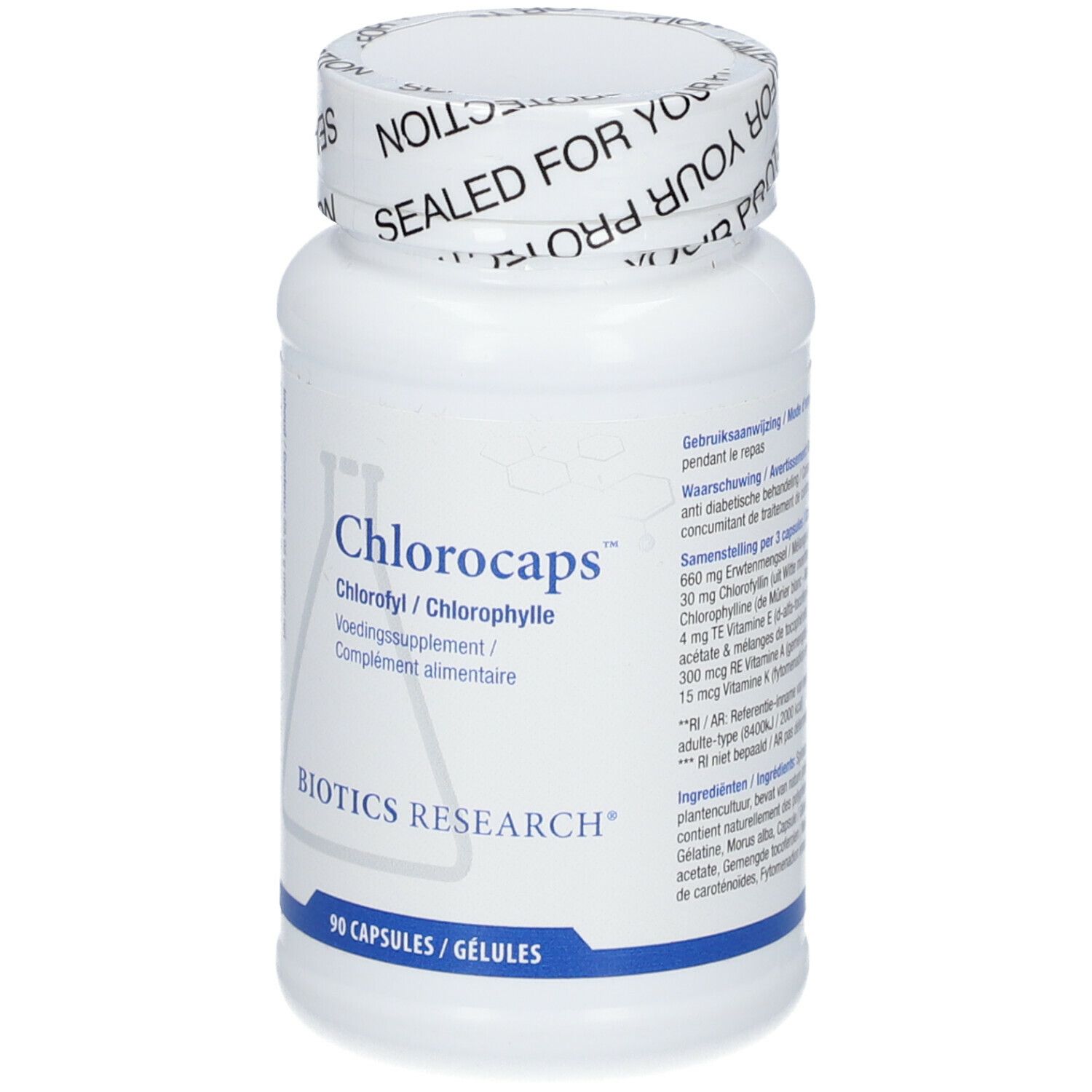 Flacon blanc de Chlorocaps. Inscription: Chlorofyl/Chlorophylle, Voedingssupplement/Complément alimentaire, BIOTICS RESEARCH. 90 gélules.