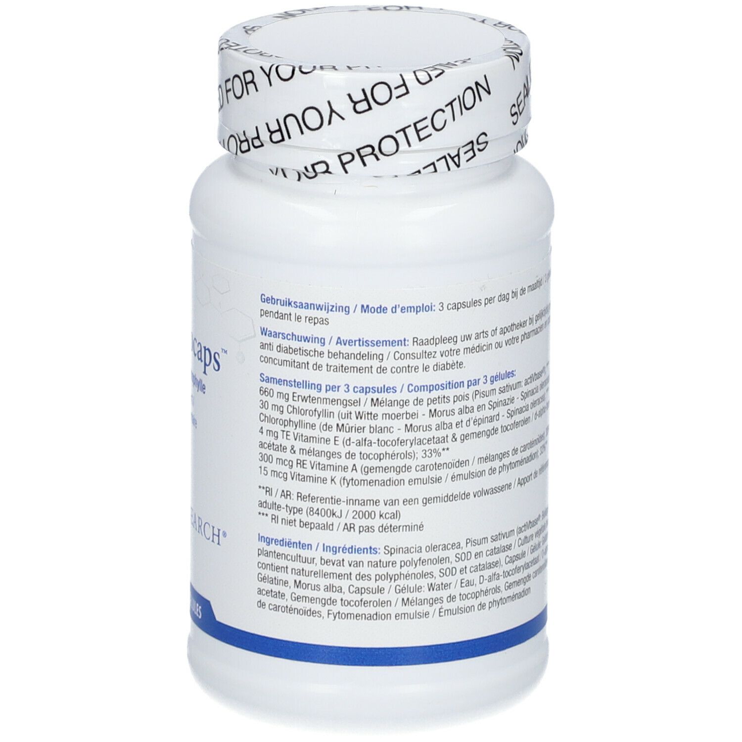 Dos d'un flacon blanc de Chlorocaps. Texte: Ingrédients, dosage, avertissements. BIOTICS RESEARCH. 90 gélules.