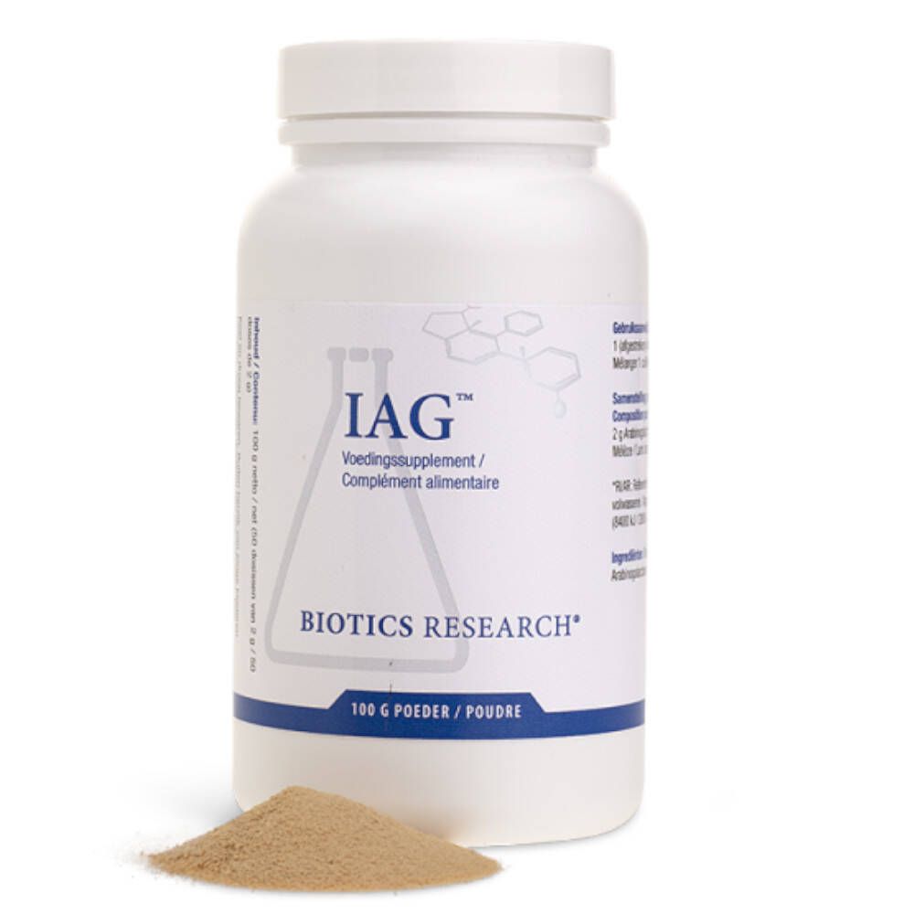 Flacon blanc IAG, BIOTICS RESEARCH. Tas de poudre à côté.