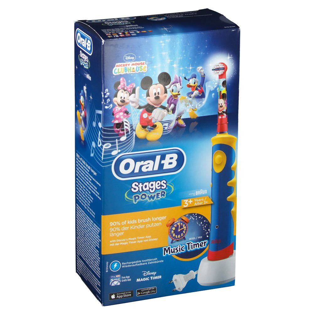 Elektrische Zahnbürste mit Mickey Mouse-Motiv und Verpackung. Blaue Bürste mit gelben Akzenten. Oral-B Stages Power.
