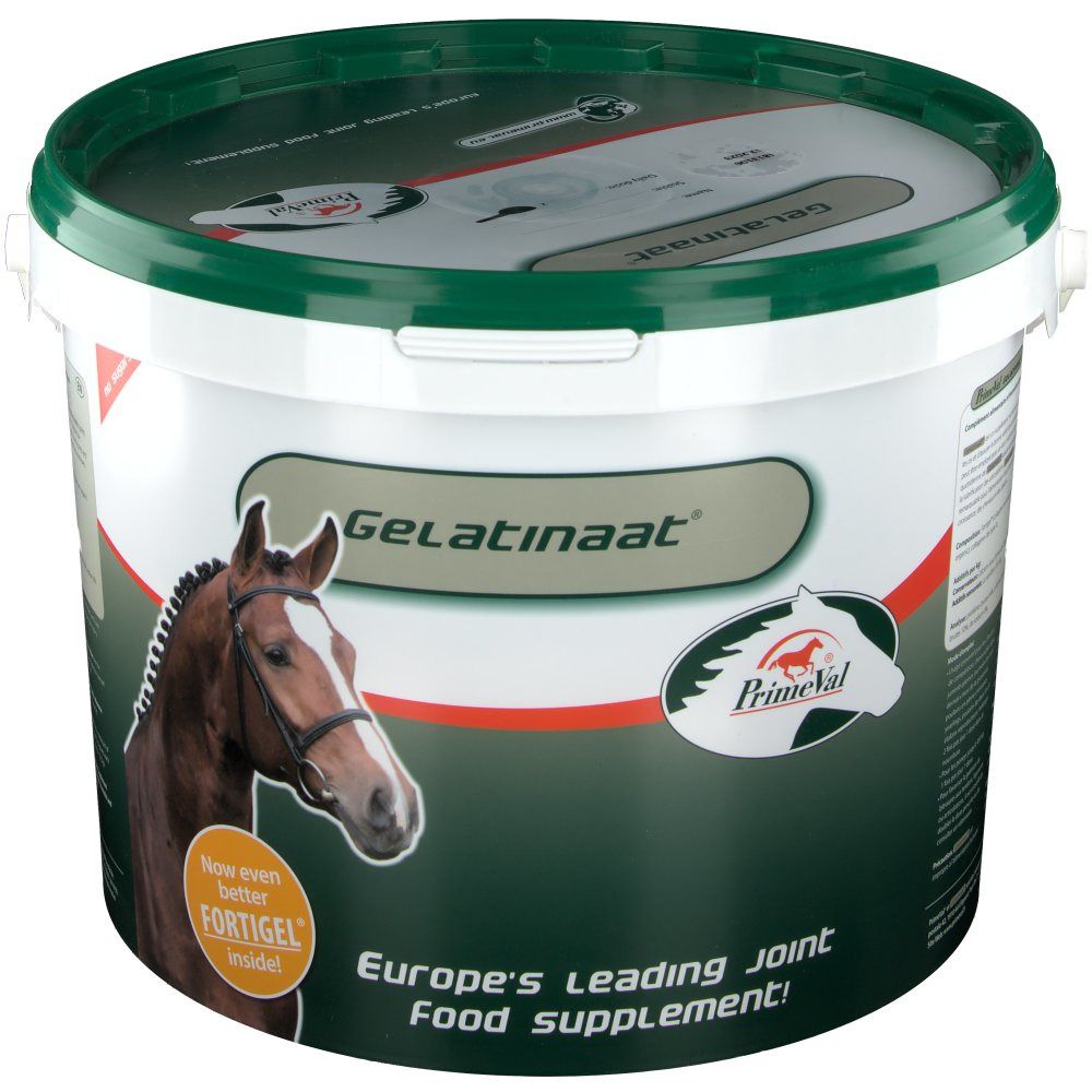 Seau avec couvercle. Inscription Gelatinaat et PrimeVal. Image d'une tête de cheval. Texte: Europe's leading joint food supplement!