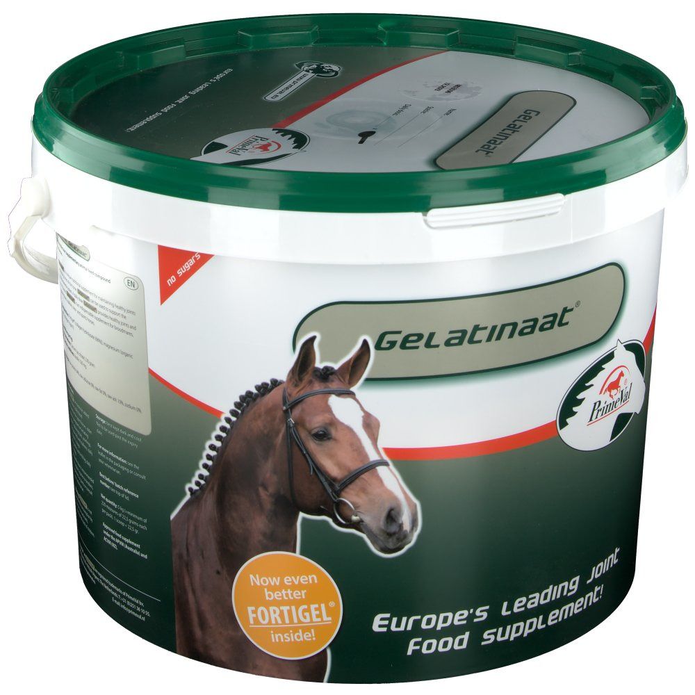 Seau avec couvercle. Inscription Gelatinaat et PrimeVal. Image d'une tête de cheval. Texte: Europe's leading joint food supplement!