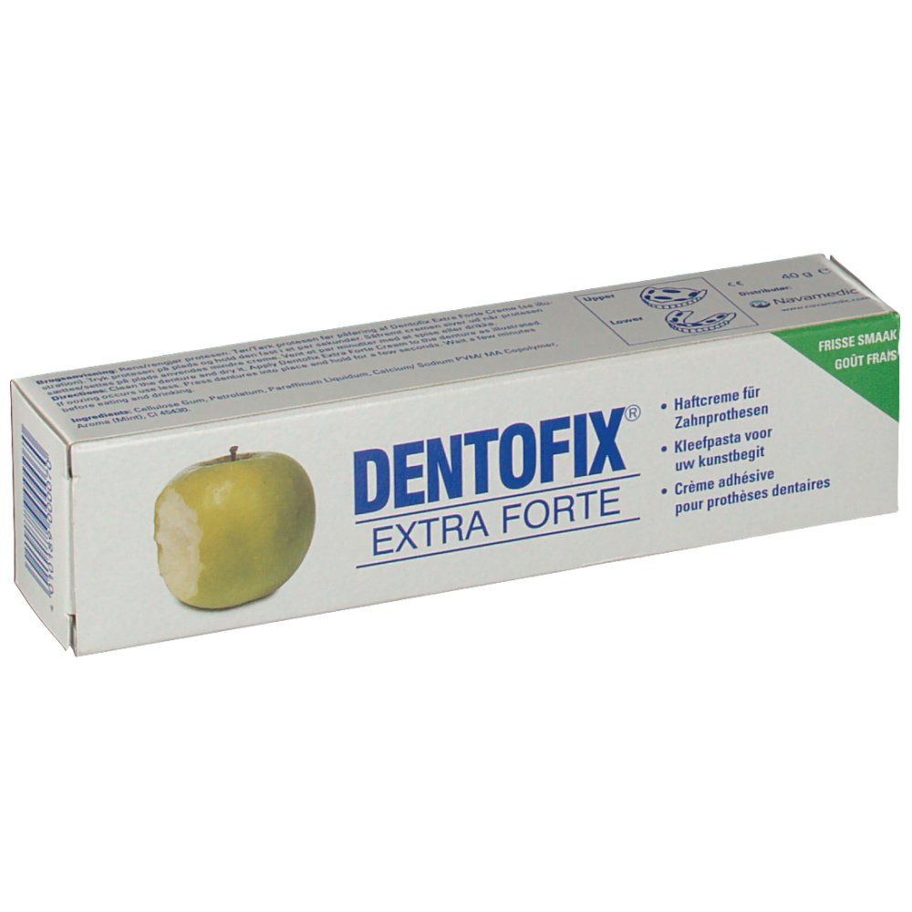 DentoFix Extra Forte verpakking. Witte doos met groene accenten en appel illustratie. Tekst: Kleefpasta voor kunstgebit.