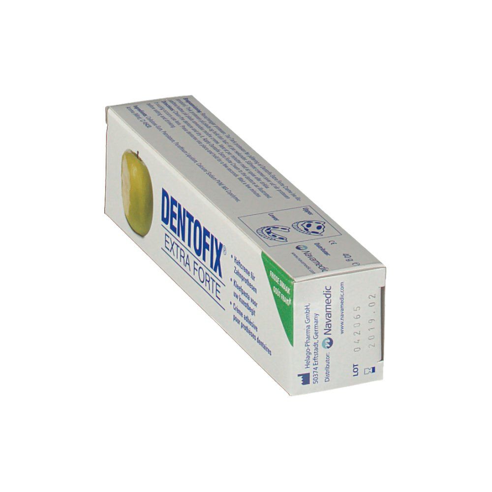 DentoFix Extra Forte verpakking. Witte doos met groene accenten en appel illustratie. Tekst: Kleefpasta voor kunstgebit.