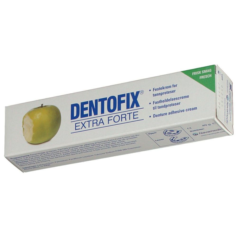 DentoFix Extra Forte verpakking. Witte doos met groene accenten en appel illustratie. Tekst: Kleefpasta voor kunstgebit.