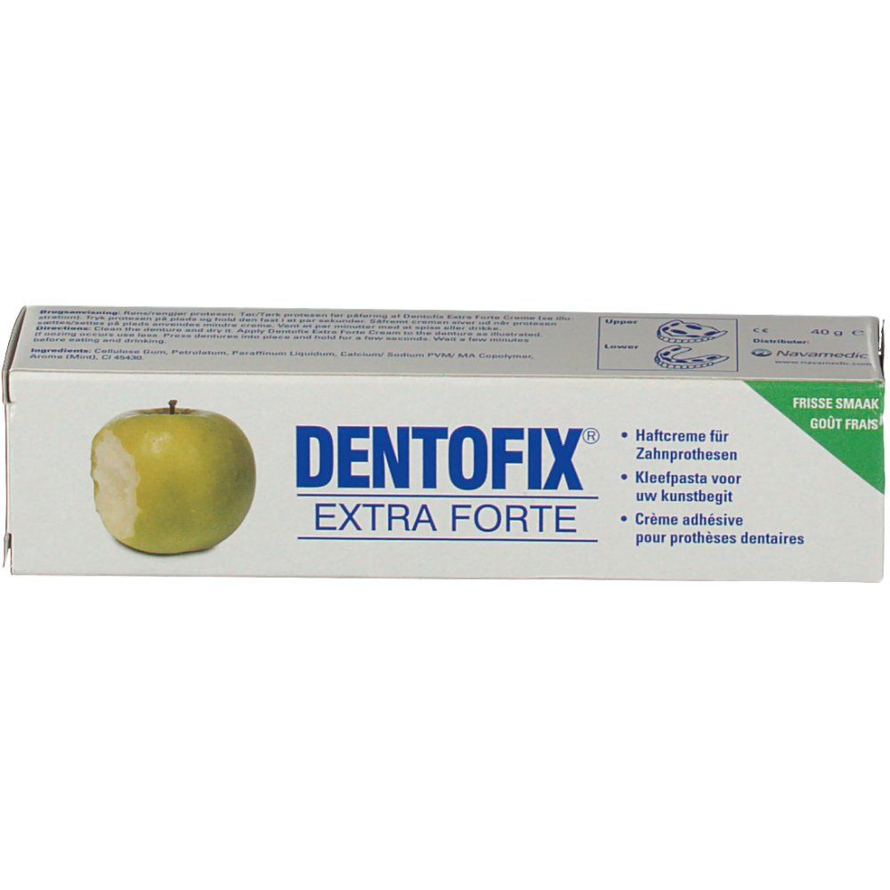 DentoFix Extra Forte verpakking. Witte doos met groene accenten en appel illustratie. Tekst: Kleefpasta voor kunstgebit.