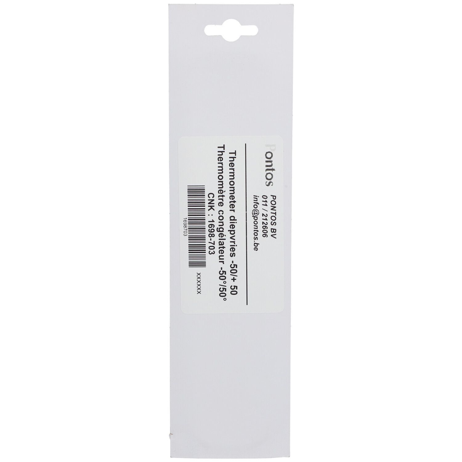 Verpakking met productinformatie. Label met tekst: Thermometer -50°/+50°, fabrikantinfo en barcode.