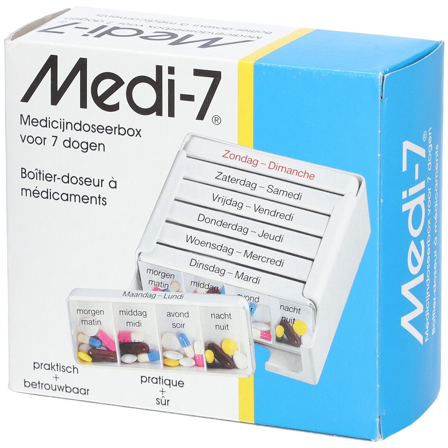 Medicijndoseerbox Medi-7. Witte doos met 7 dagvakken en aparte dagvakken. Tekst in het Nederlands en Frans.