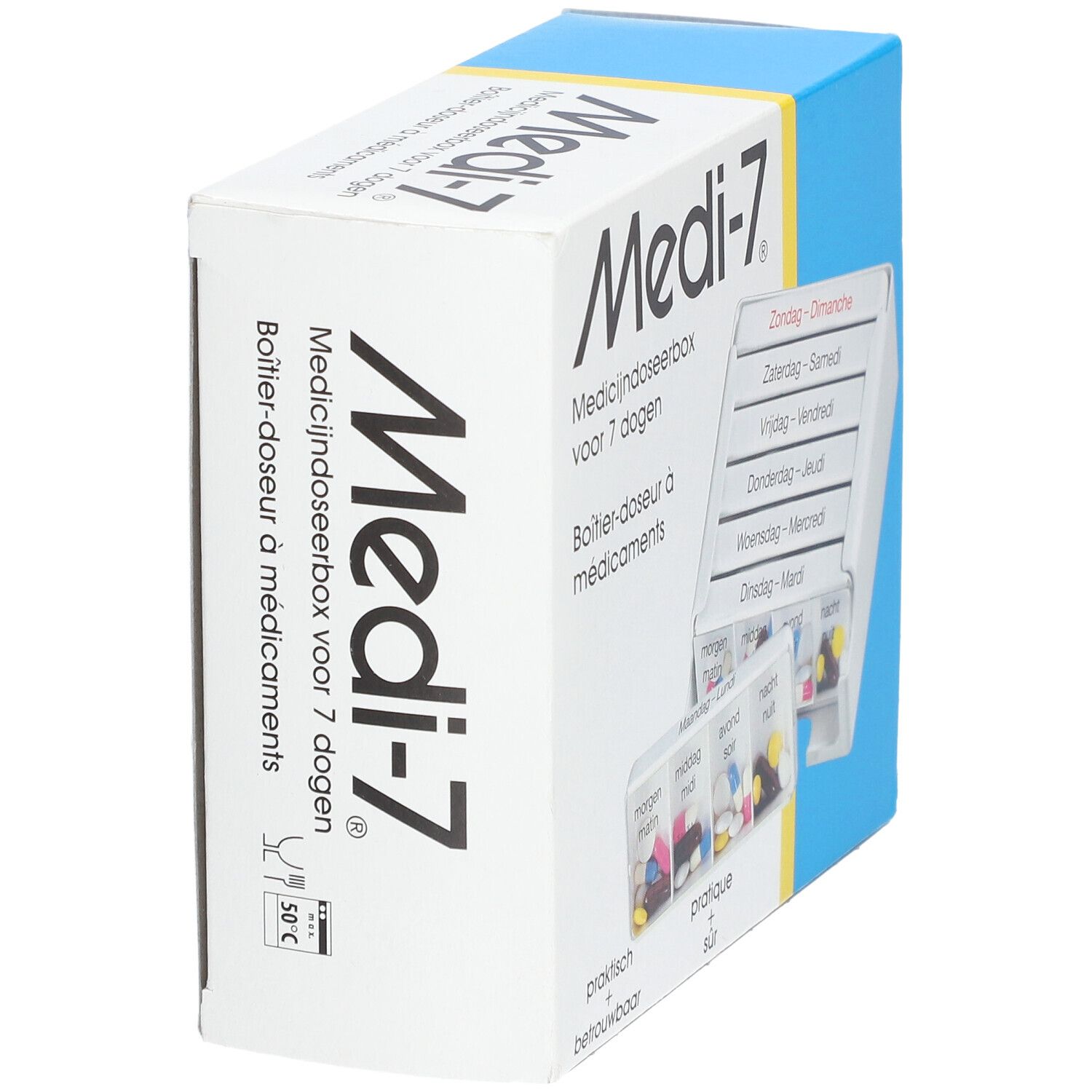 Medicijndoseerbox Medi-7. Witte doos met blauwe hoek. Tekst in het Nederlands en Frans. 7 dagvakken.