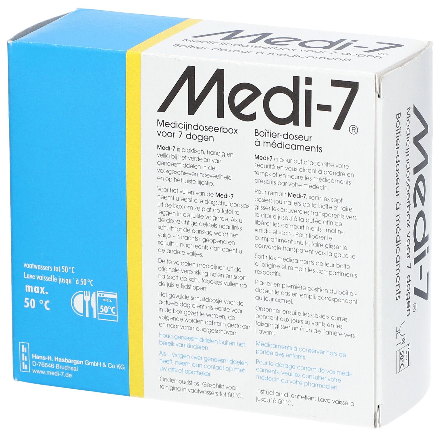 Medicijndoseerbox Medi-7. Witte doos met tekst in het Nederlands en Frans. Gebruiks- en bewaarinformatie.
