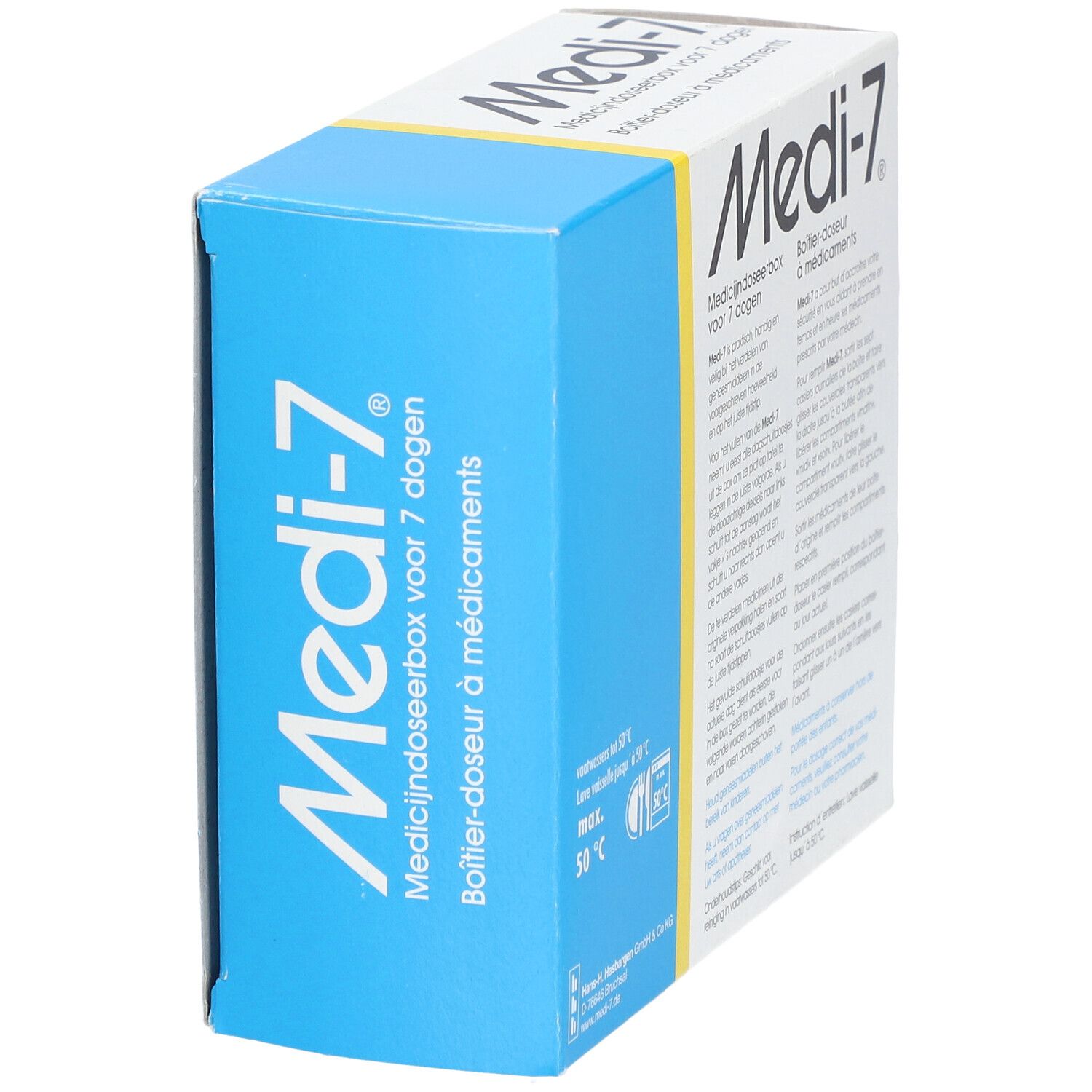 Medicijndoseerbox Medi-7. Witte doos met blauwe hoek. Tekst in het Nederlands en Frans. 7 dagvakken.