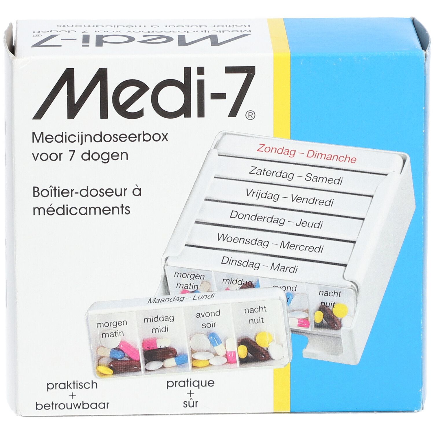 Medicijndoseerbox Medi-7. Witte doos met 7 dagvakken en aparte dagvakken. Tekst in het Nederlands en Frans.