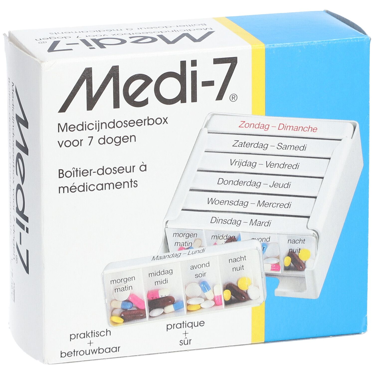 Medicijndoseerbox Medi-7. Witte doos met 7 dagvakken en aparte dagvakken. Tekst in het Nederlands en Frans.