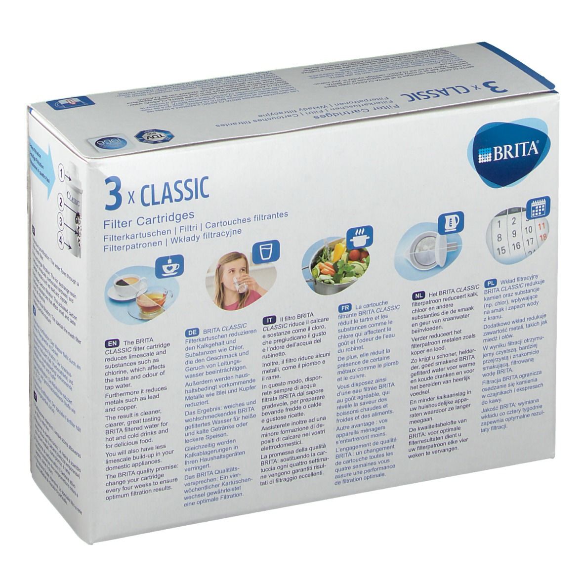 Rückseite der Verpackung mit 3 Brita Classic Filterkartuschen. Brita-Logo, Filterkartuschen, Abbildungen von Tee, Wasser, Essen. Text in mehreren Sprachen.
