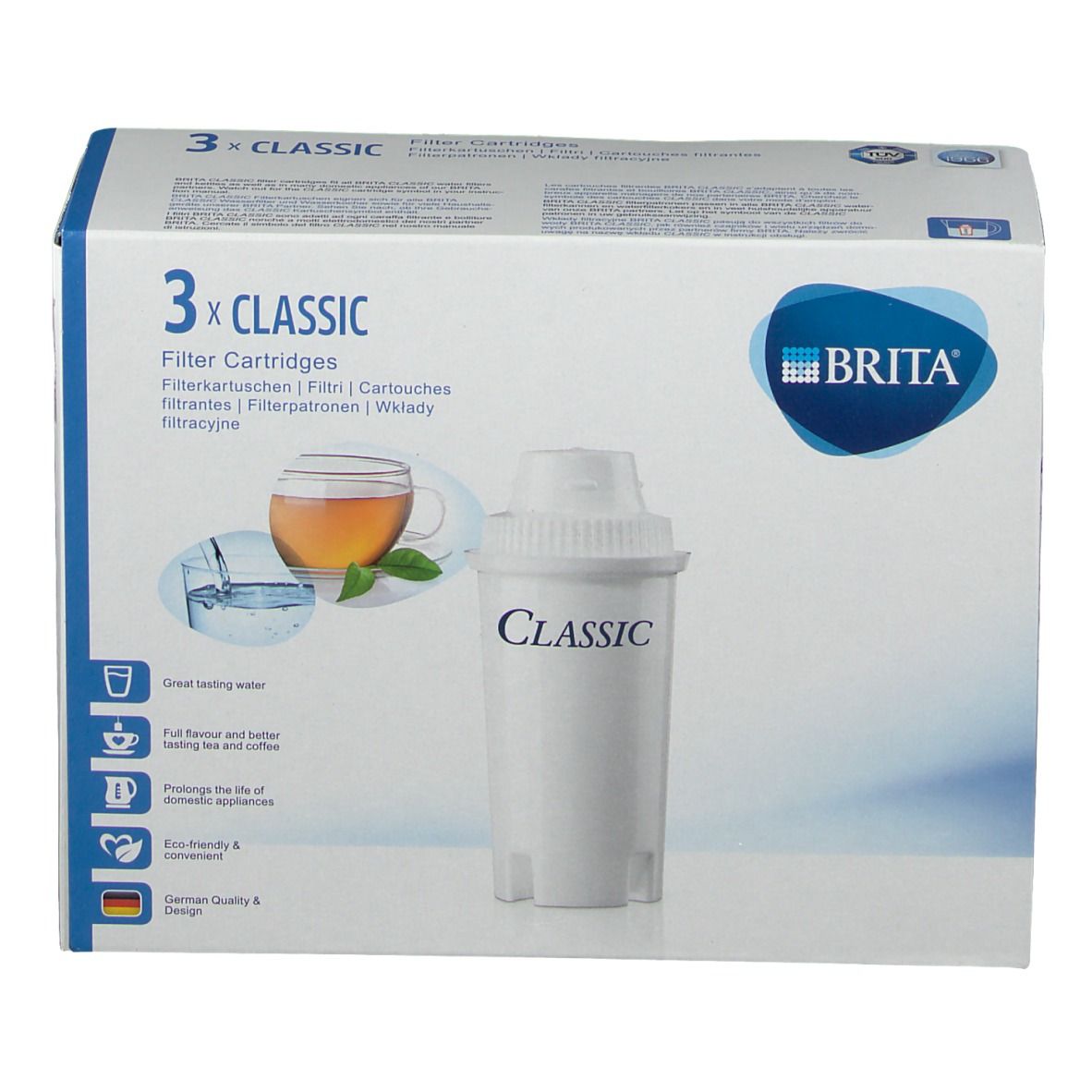Verpackung mit 3 Brita Classic Filterkartuschen. Aufdrucke: Classic, Brita-Logo, Filterkartuschen, Abbildungen von Tee und Wasser. Filterkartusche sichtbar.