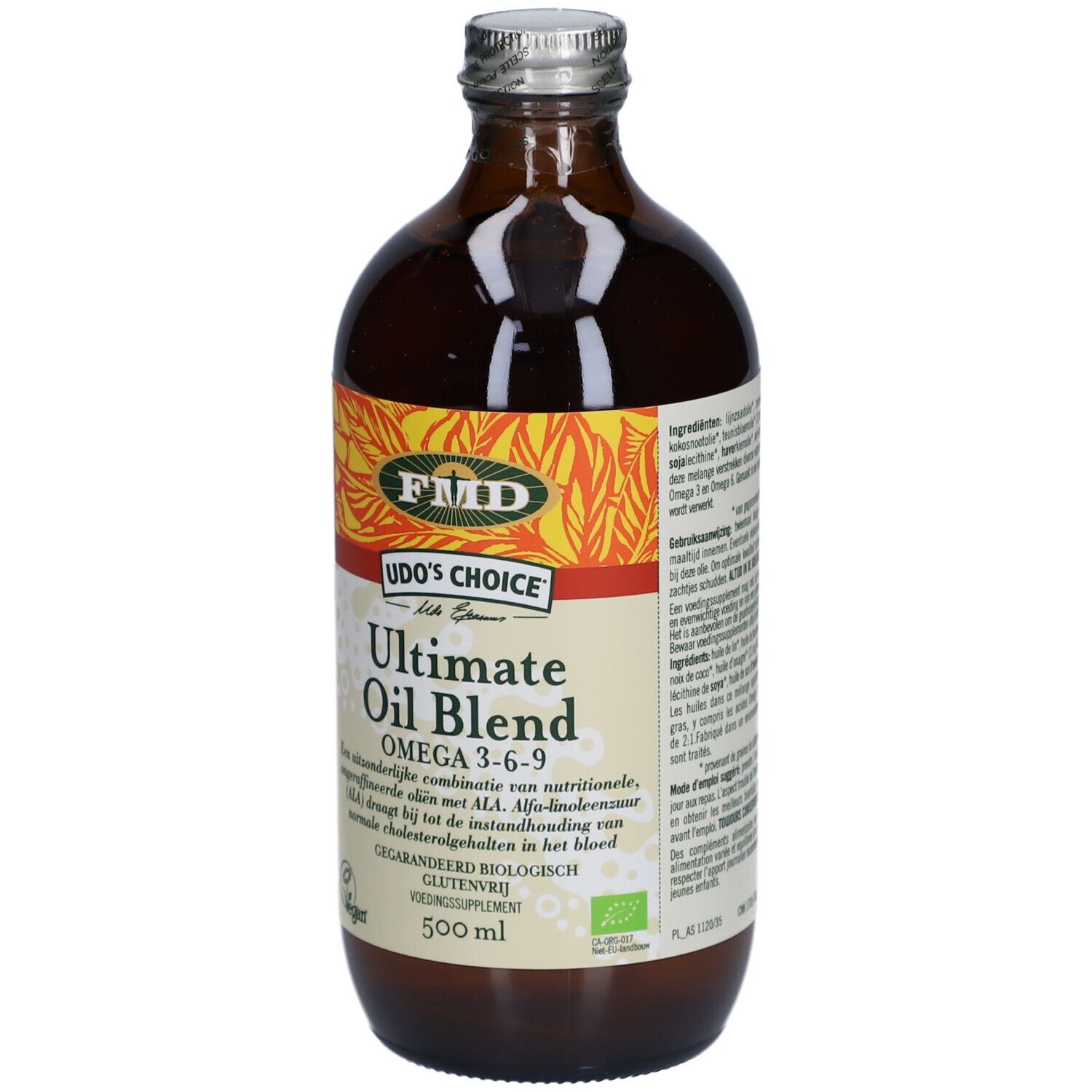 Bouteille en verre brun avec bouchon argenté. Étiquette avec texte: Ultimate Oil Blend, Omega 3-6-9, 500 ml.