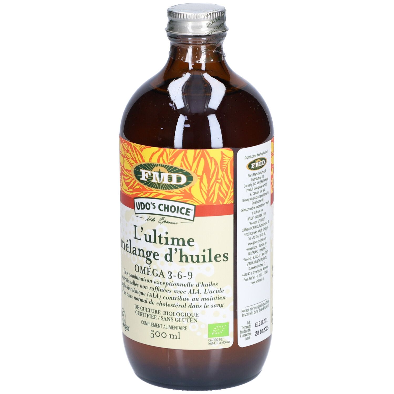 Bouteille en verre brun avec bouchon argenté. Étiquette avec texte: L'ultime mélange d'huiles, Omega 3-6-9, 500 ml.