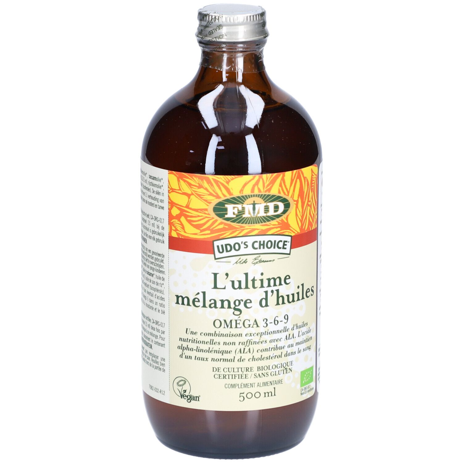 Bouteille en verre brun avec bouchon argenté. Étiquette avec texte: L'ultime mélange d'huiles, Omega 3-6-9, 500 ml.