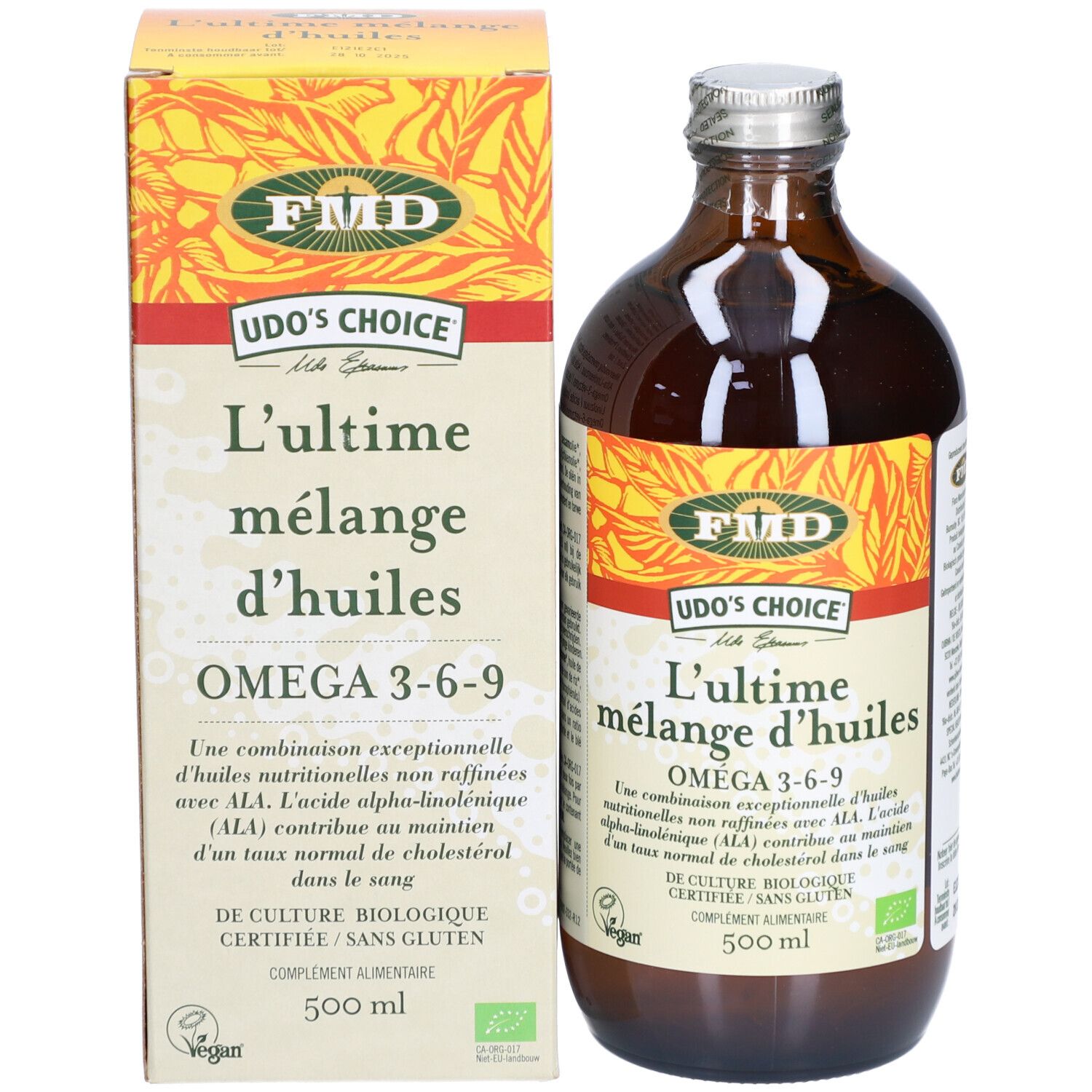 Bouteille en verre brun et carton. Sur la bouteille: L'ultime mélange d'huiles, Omega 3-6-9, 500 ml. Sur le carton: texte.