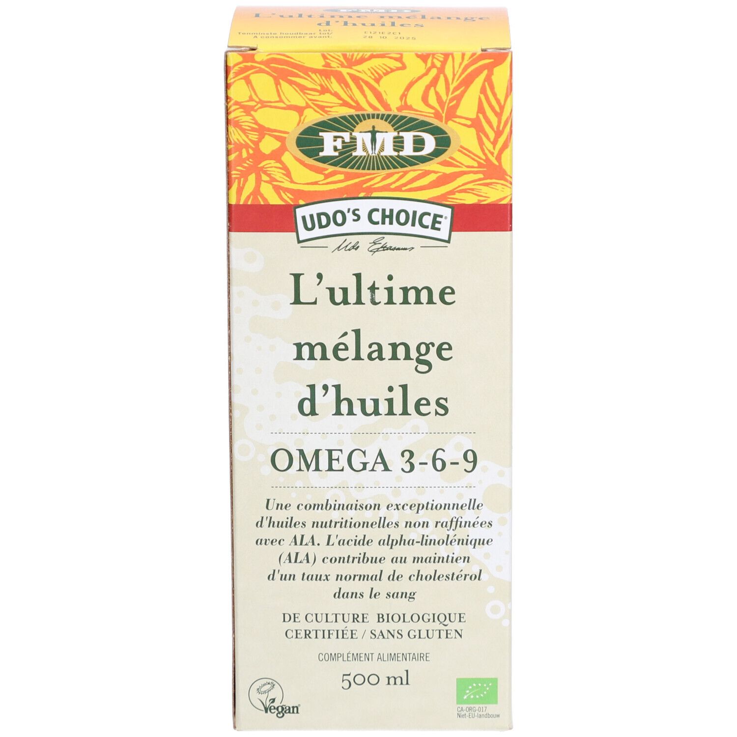 Boîte avec texte: L'ultime mélange d'huiles, Omega 3-6-9, 500 ml. Design jaune-rouge.