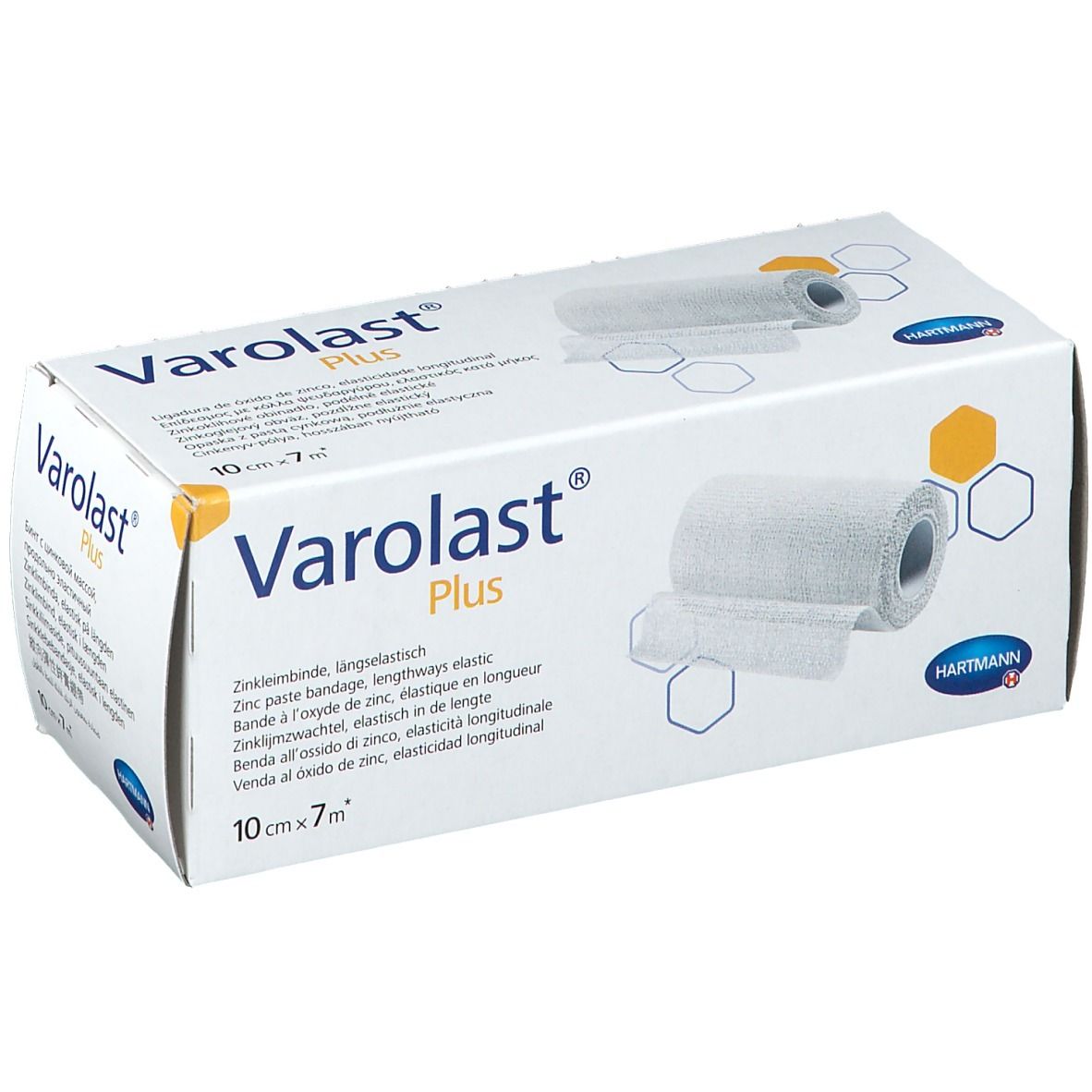Emballage de Varolast® Plus. Bande de zinc, 10 cm x 7 m. Nom du produit et logo visibles. Logo du fabricant Hartmann.