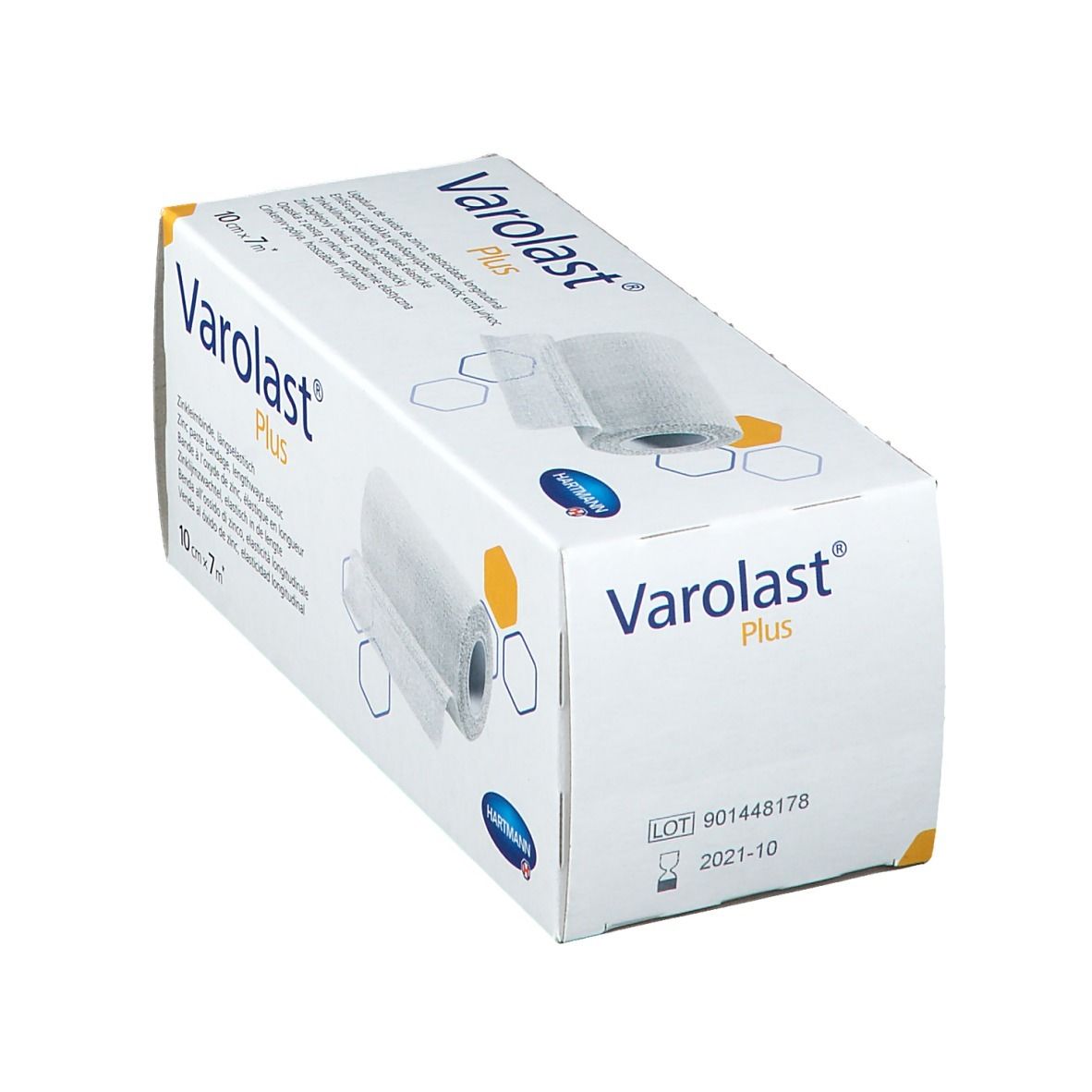 Emballage de Varolast® Plus. Bande de zinc, 10 cm x 7 m. Nom et logo du produit. Logo Hartmann. Numéro de lot et date d'expiration.