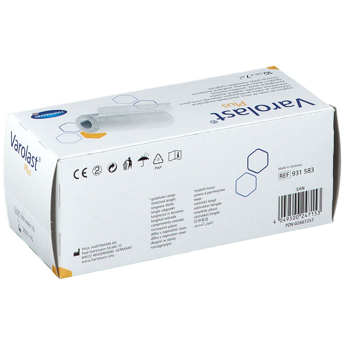 Dos de l'emballage Varolast® Plus. Bande de zinc, 10 cm x 7 m. Informations fabricant et avertissements. Marquage CE.