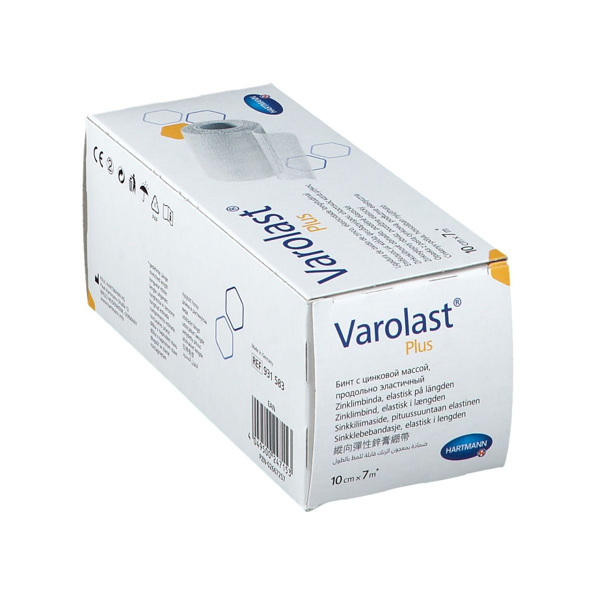 Emballage Varolast® Plus. Bande de zinc, 10 cm x 7 m. Nom et logo du produit. Logo Hartmann. Code EAN et autres informations.