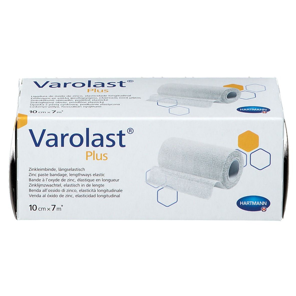 Emballage Varolast® Plus. Bande de zinc, 10 cm x 7 m. Nom et logo du produit. Logo Hartmann. Illustration du produit.