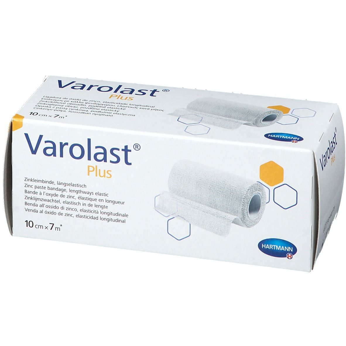 Emballage Varolast® Plus. Bande de zinc, 10 cm x 7 m. Nom et logo du produit. Logo Hartmann. Illustration du produit.