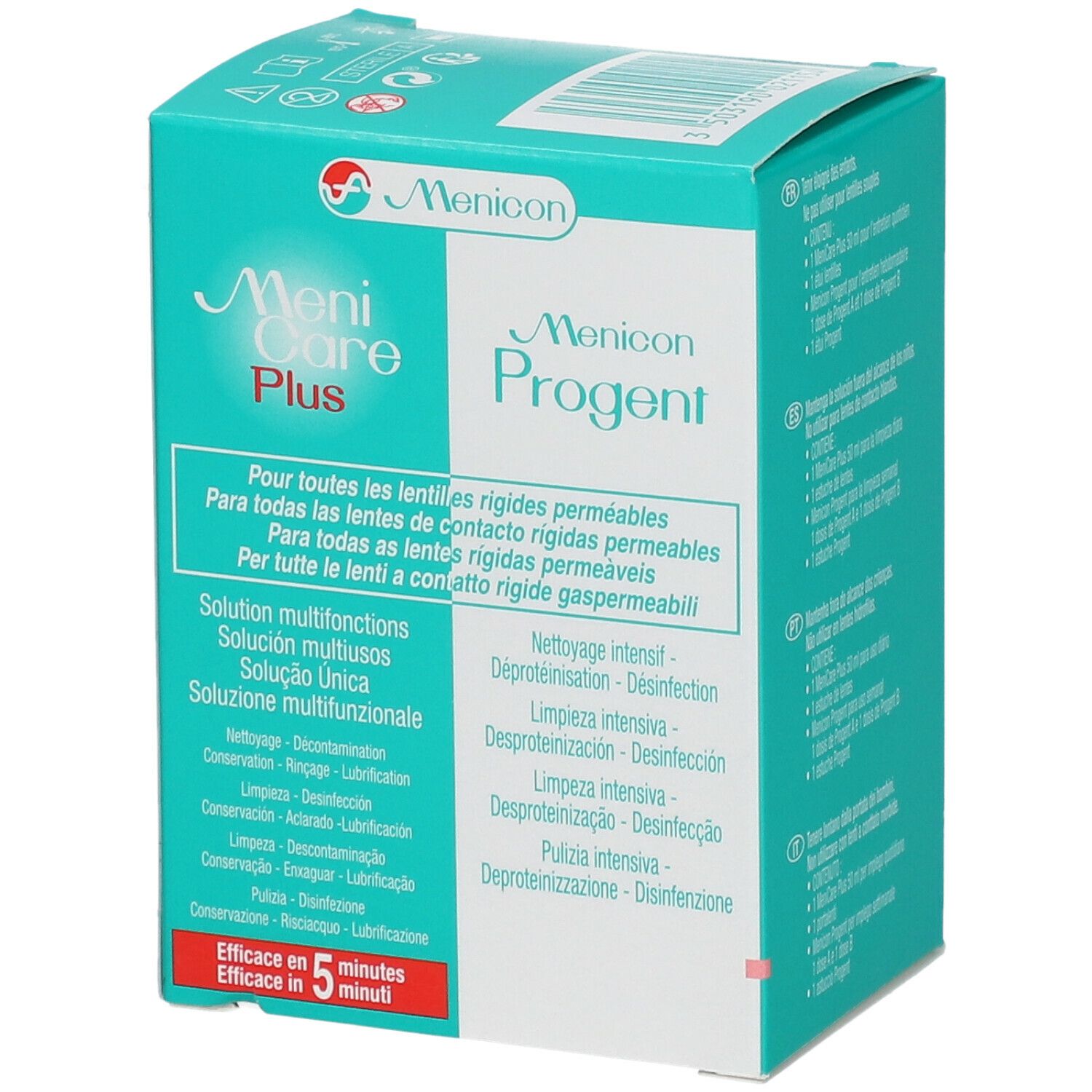 Menicon Menicare Plus & Progent Set. Türkis-weiße Verpackung. Text in mehreren Sprachen. Enthält Lösungen für Kontaktlinsen.