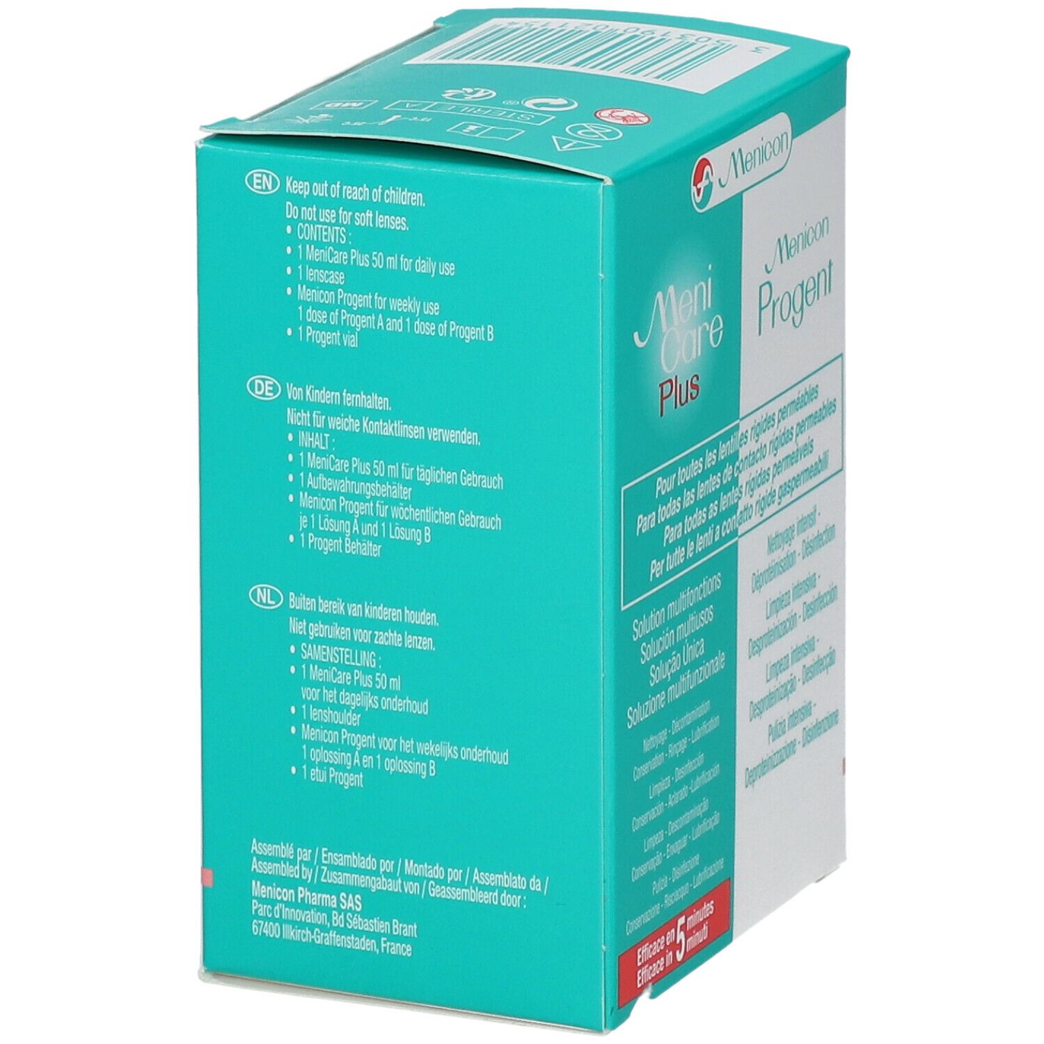 Menicon Menicare Plus & Progent Set. Verpackung mit Text in mehreren Sprachen. Enthält Menicare Plus und Progent.