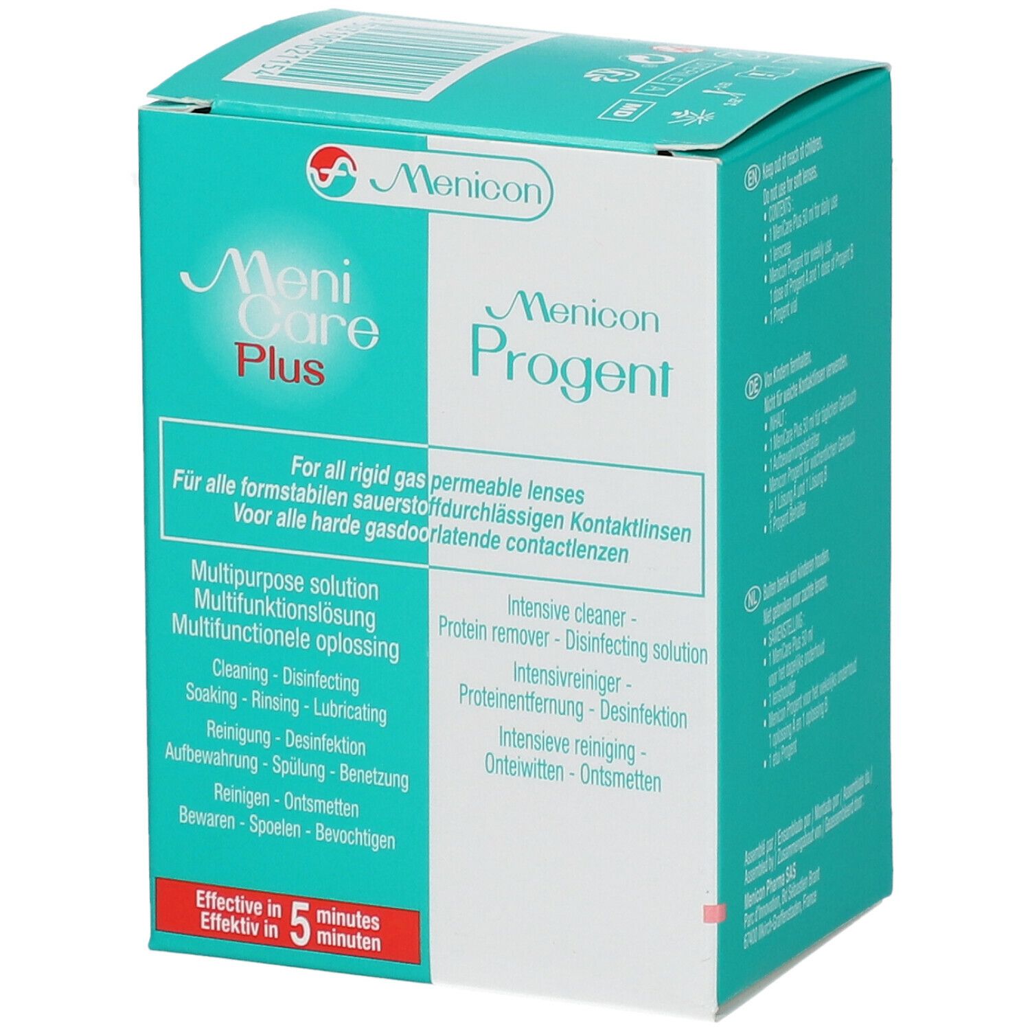 Menicon Menicare Plus & Progent Set. Türkis-weiße Verpackung. Text in mehreren Sprachen. Für harte Kontaktlinsen.