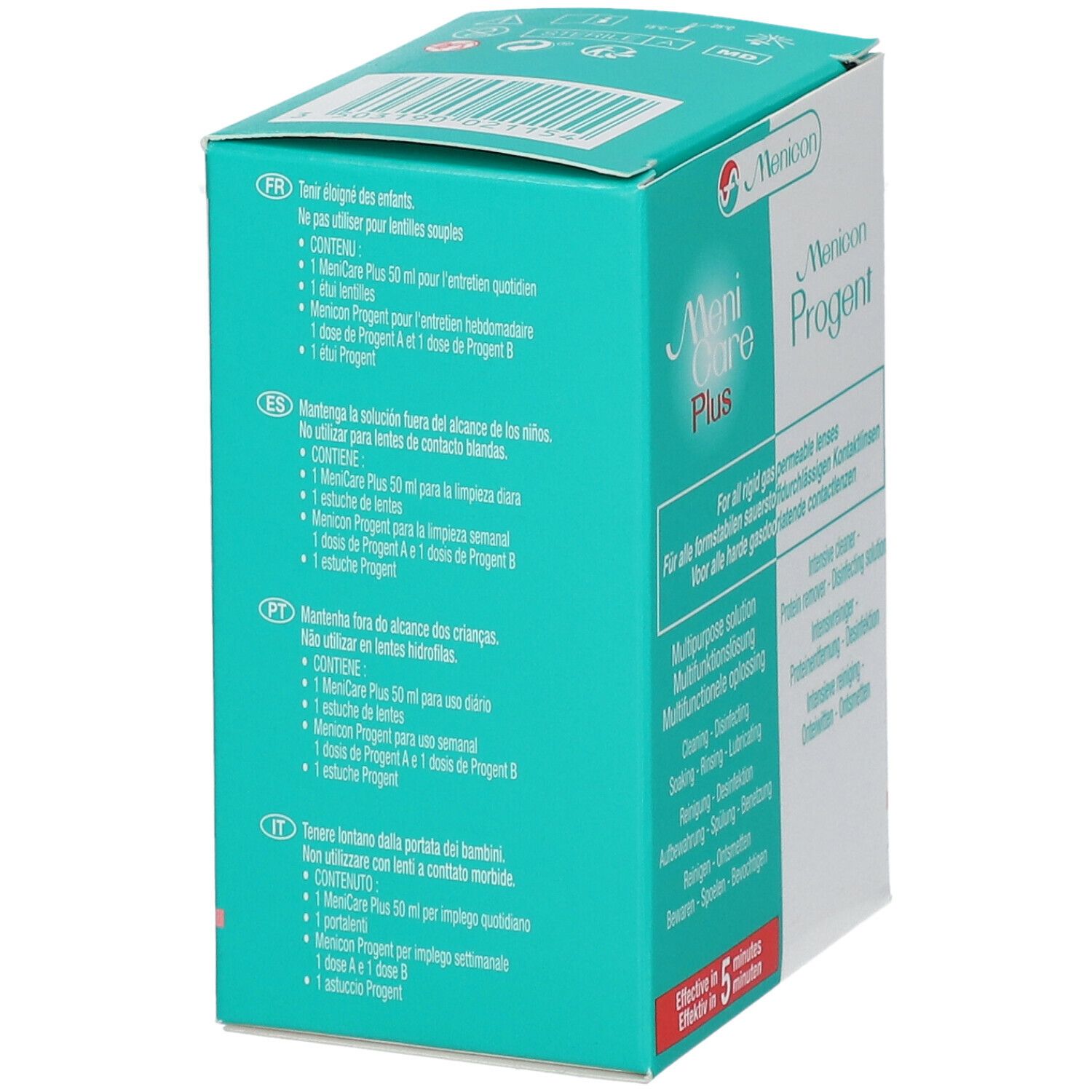 Menicon Menicare Plus & Progent Set. Verpackung mit Text in mehreren Sprachen. Enthält Menicare Plus und Progent.