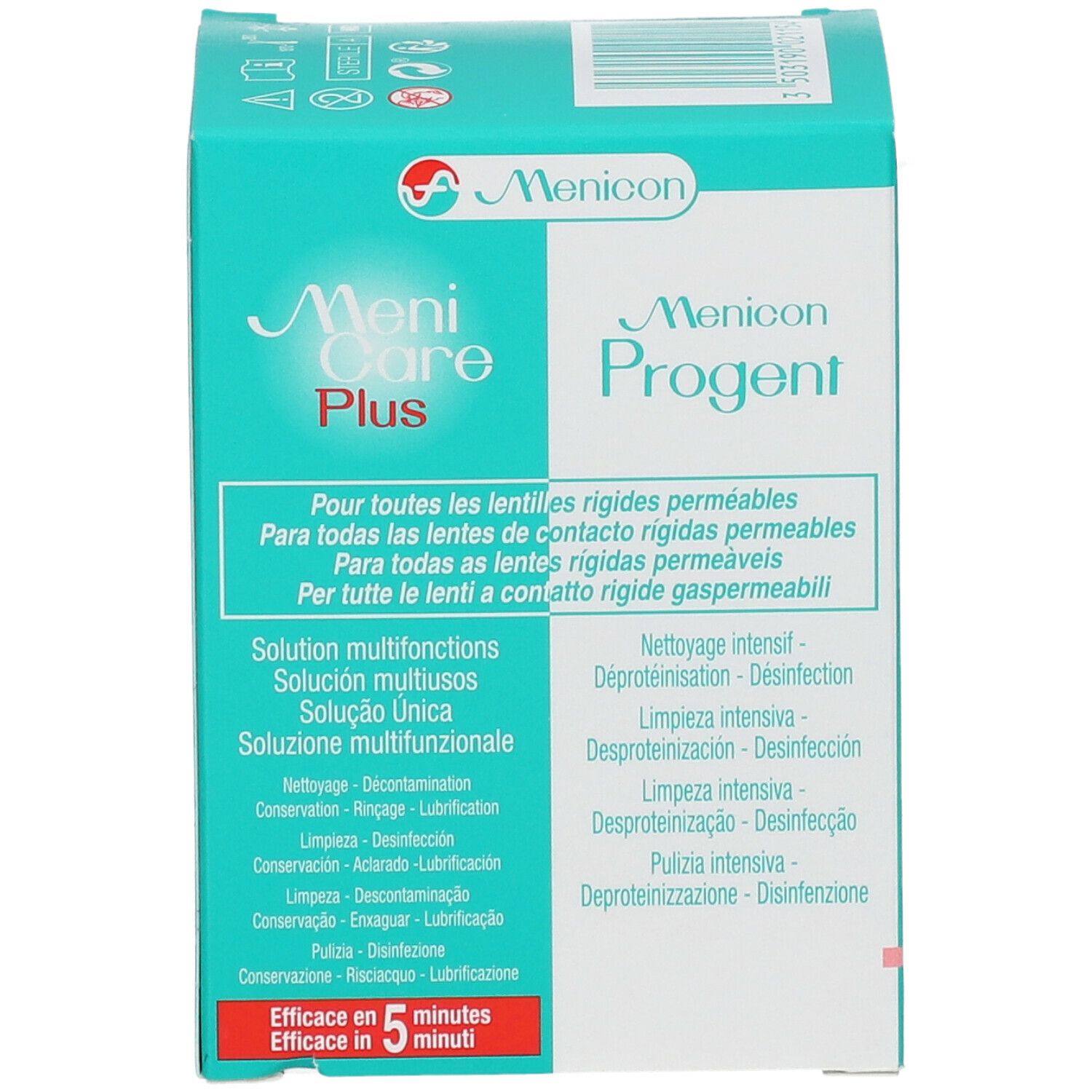 Menicon Menicare Plus & Progent Set. Türkis-weiße Verpackung. Text in mehreren Sprachen. Enthält Lösungen für Kontaktlinsen.