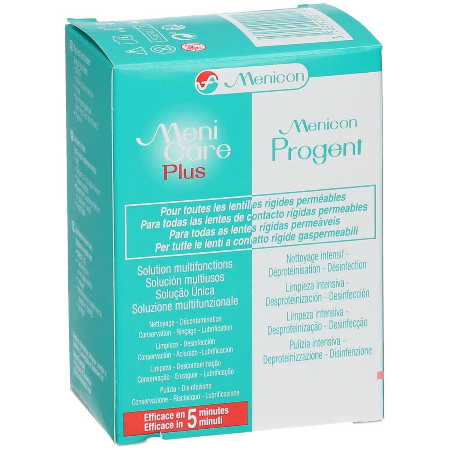 Menicon Menicare Plus & Progent Set. Türkis-weiße Verpackung. Text in mehreren Sprachen. Enthält Lösungen für Kontaktlinsen.
