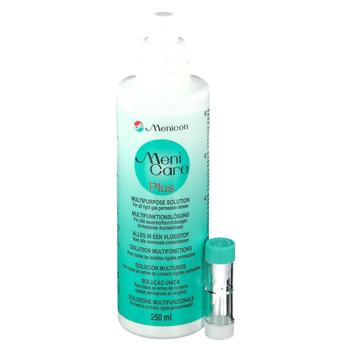 Menicon Meni Care Plus. Flacon et étui pour lentilles. Solution multifonction pour lentilles rigides perméables à l'oxygène.
