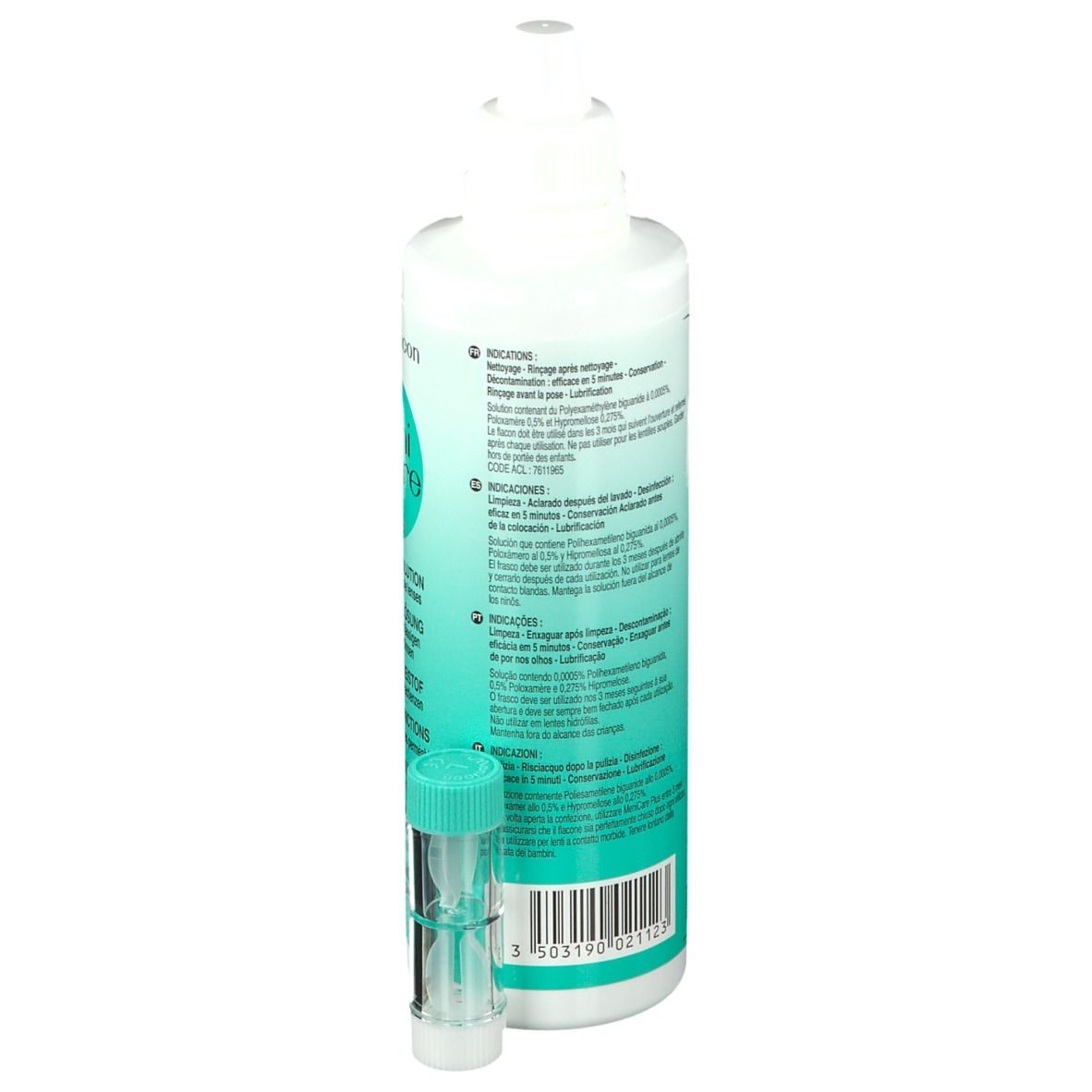Menicon Meni Care Plus. Dos du flacon avec informations. Étui pour lentilles. Solution multifonction.