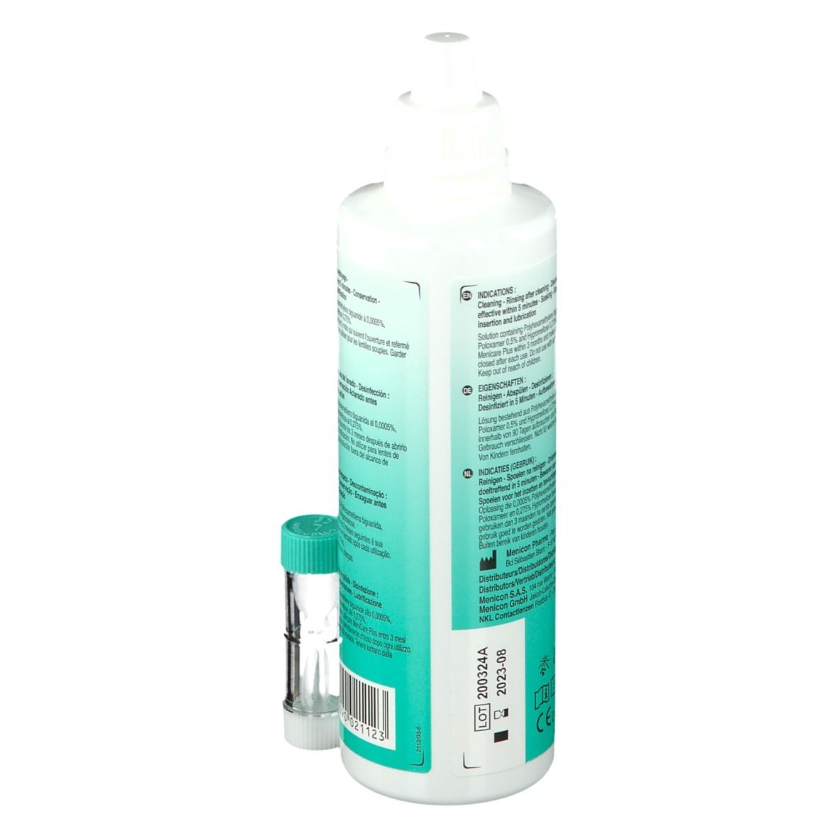 Menicon Meni Care Plus. Dos du flacon avec informations. Étui pour lentilles. Solution multifonction.