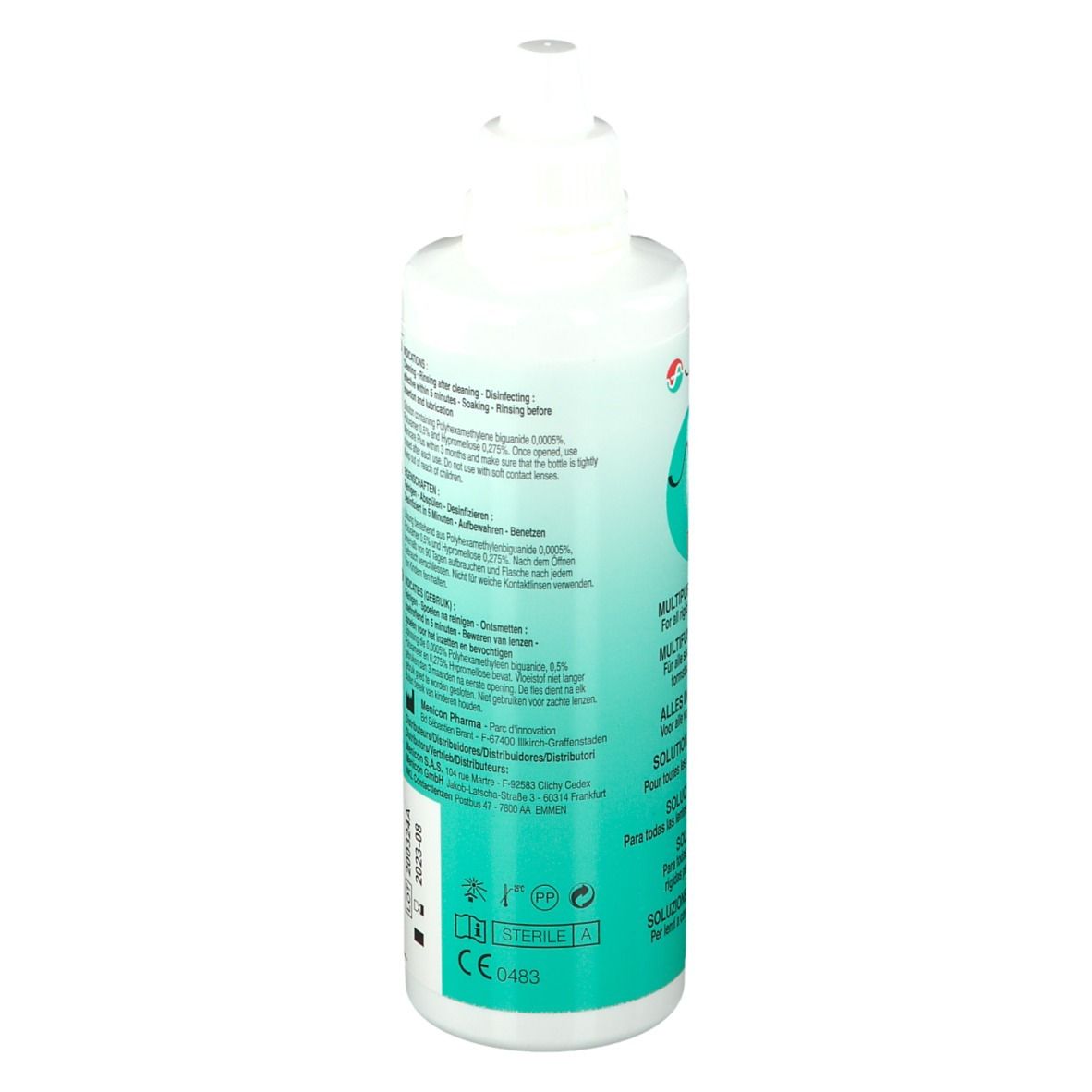 Menicon Meni Care Plus. Dos du flacon avec informations. Solution multifonction pour lentilles. Marquage CE.