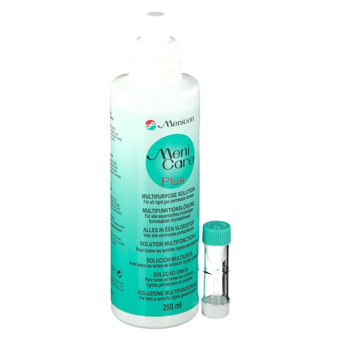 Menicon Meni Care Plus. Flacon et étui pour lentilles. Solution multifonction pour lentilles rigides perméables à l'oxygène.