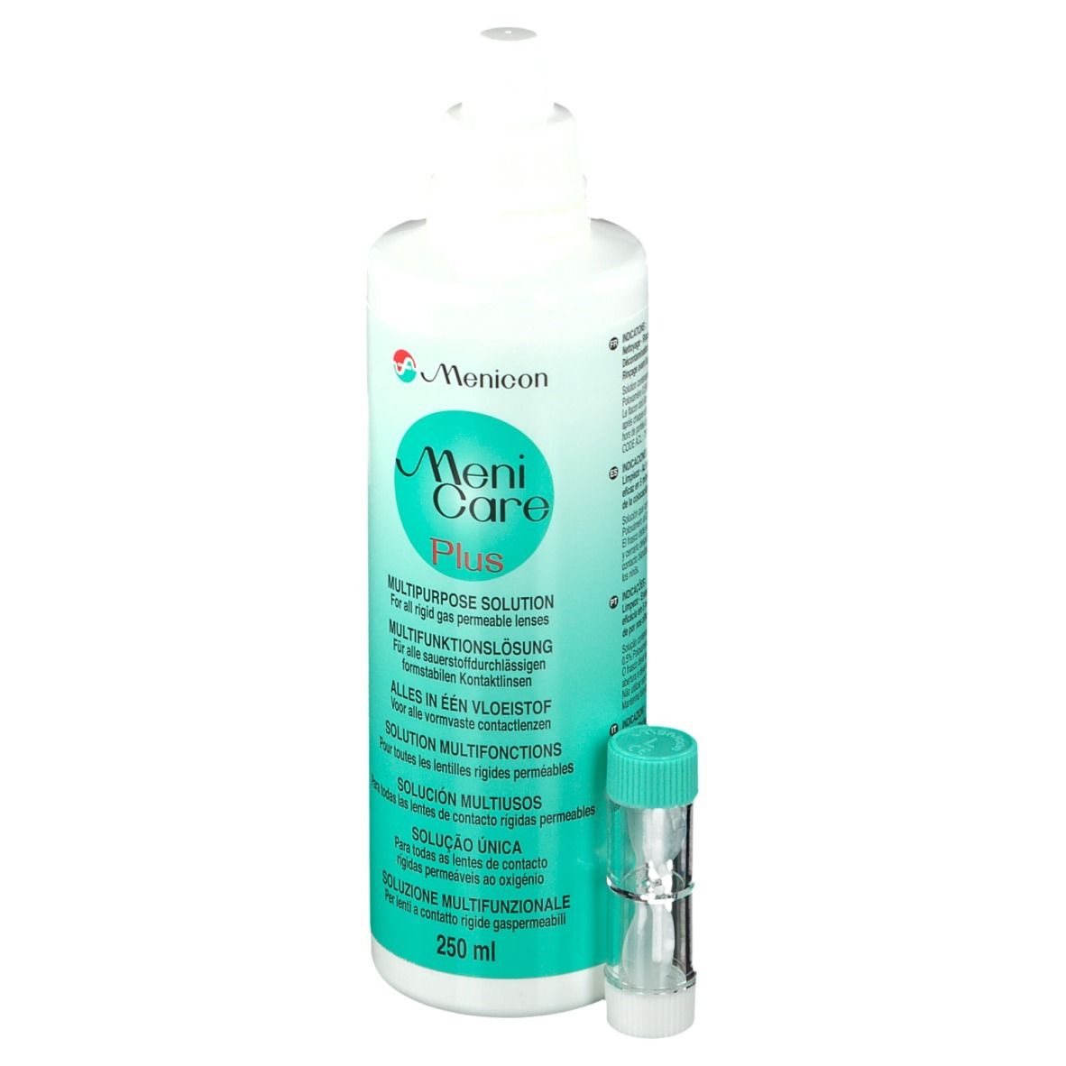 Menicon Meni Care Plus. Flacon et étui pour lentilles. Solution multifonction pour lentilles rigides perméables à l'oxygène.
