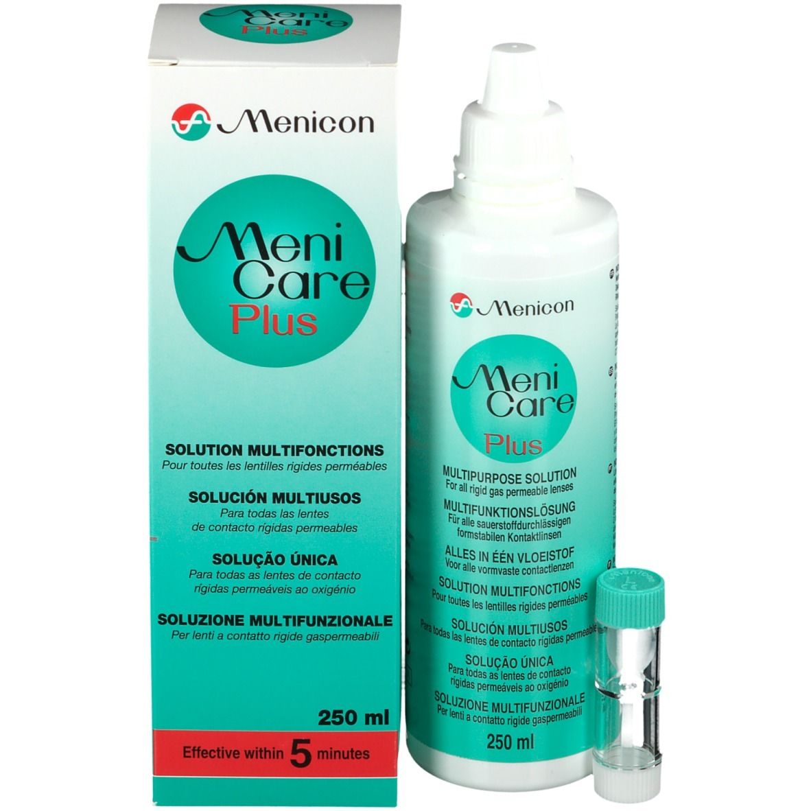 Menicon Meni Care Plus. Flacon, étui et emballage. Solution multifonction pour lentilles. 250 ml.