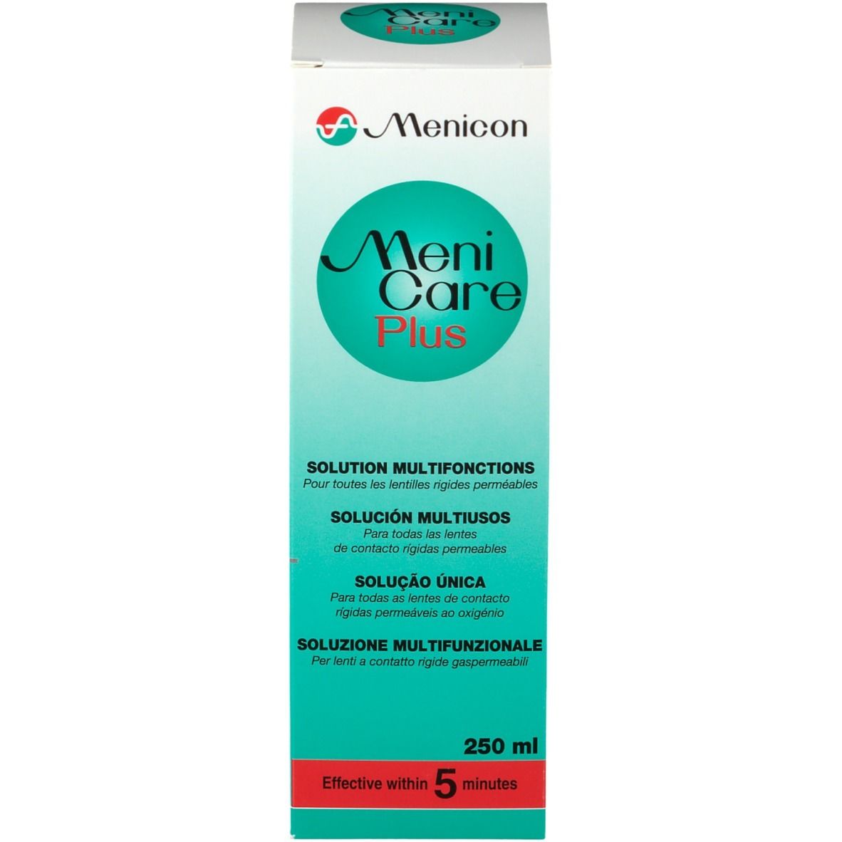 Menicon Meni Care Plus. Emballage. Solution multifonction pour lentilles. 250 ml. Efficace en 5 minutes.