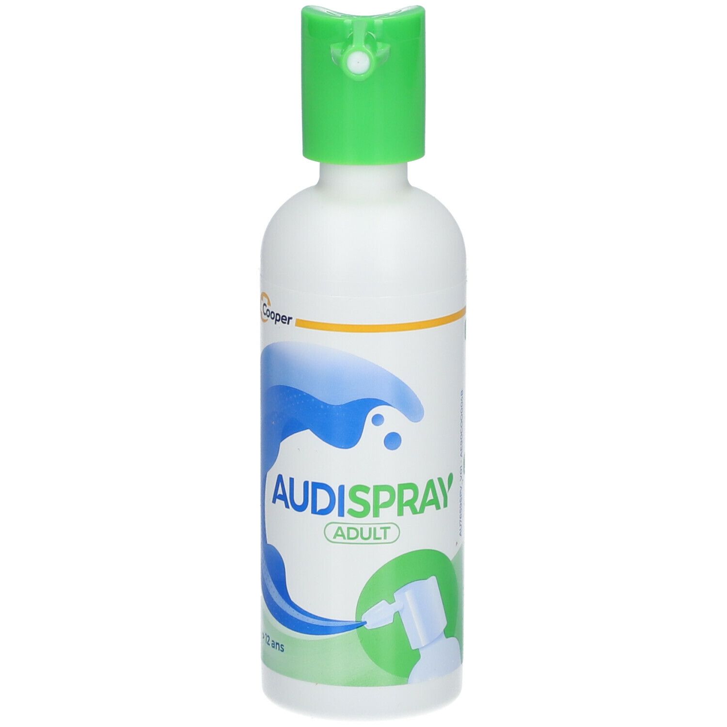 AUDISPRAY ADULT Flasche. Weiß, grün. Text: Ohrenhygiene, 12+.